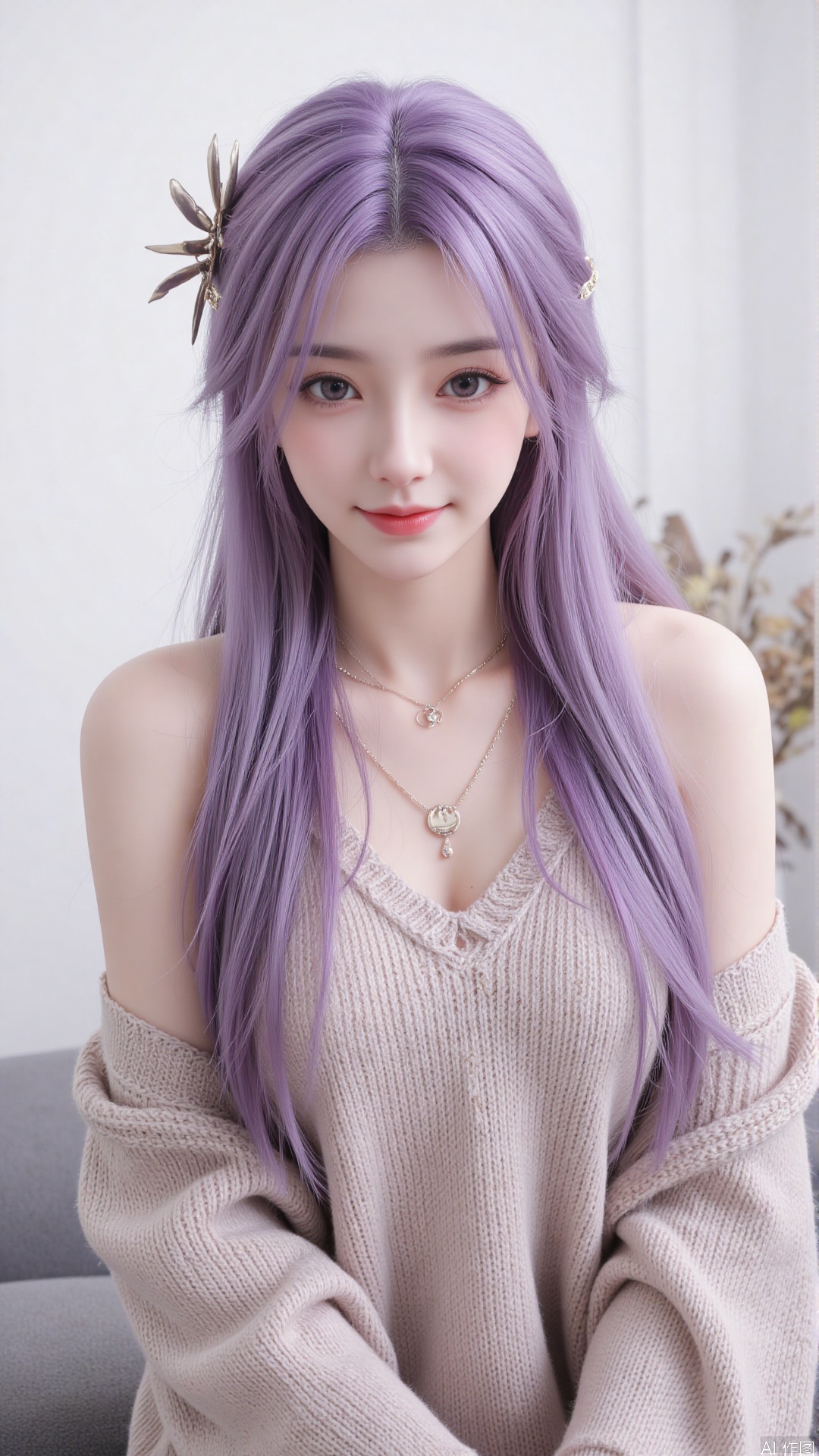 1girl, solo, long hair, looking at viewer, smile, purple hair, sitting, collarbone, off shoulder, grin, sweater, messy hair, realistic
