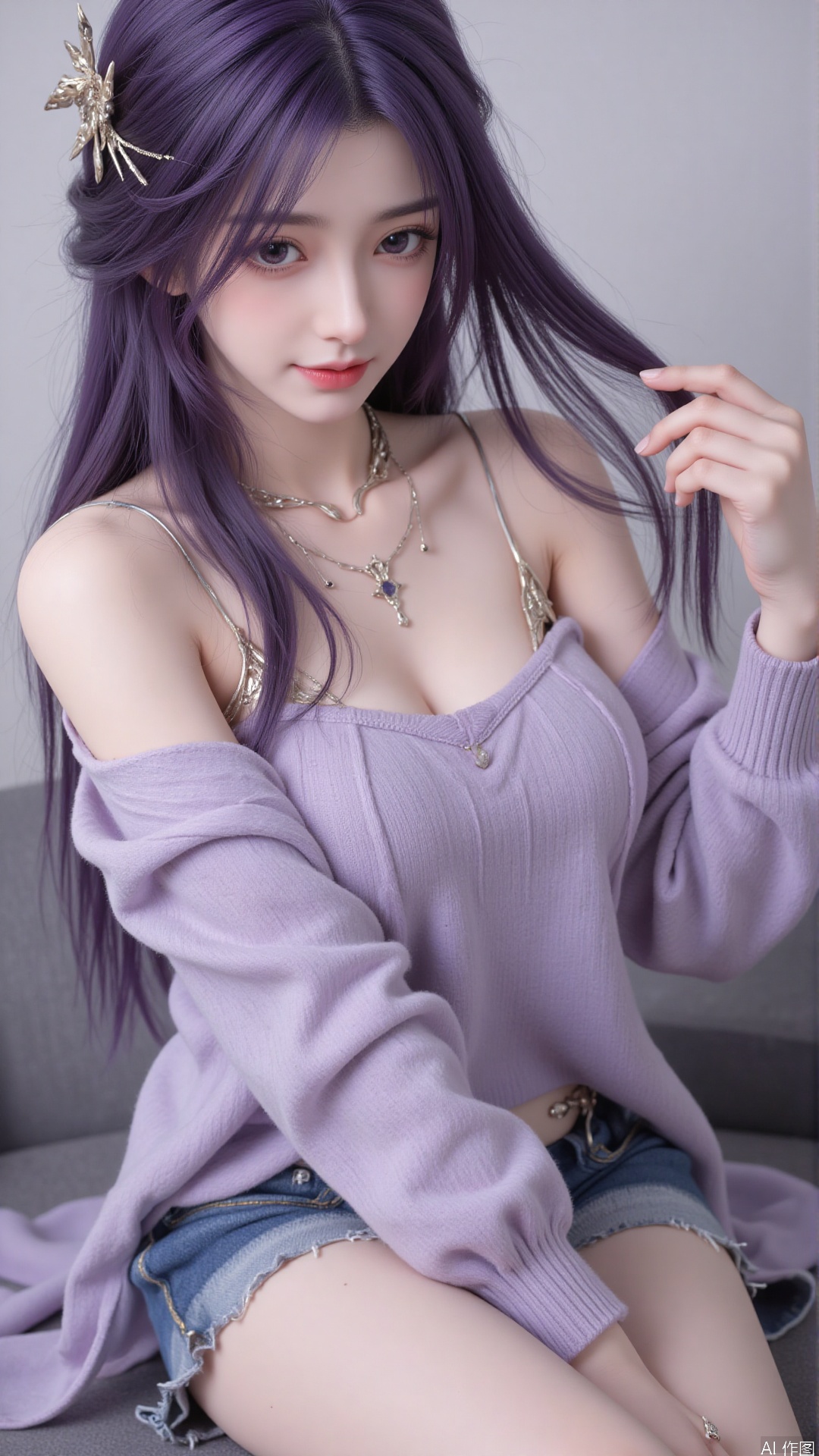 1girl, solo, long hair, looking at viewer, smile, purple hair, sitting, collarbone, off shoulder, grin, sweater, messy hair, realistic