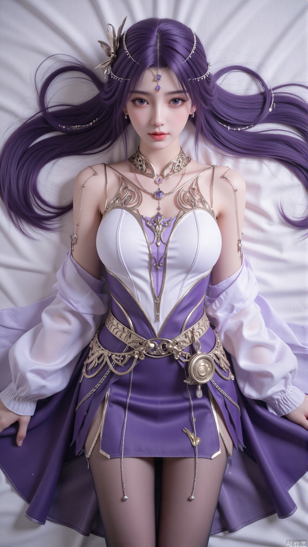  1girl, purple eyes, purple hair, long hair, thighhighs, lying, perfect body, scenery, sharp focus, best quality, masterpiece, detailed outfit, illustration, perfect eyes, finely detailed beautiful anime eyes, realistic skin, intricate details, best lighting, depth of field, ultra high resolution, bed, from above 