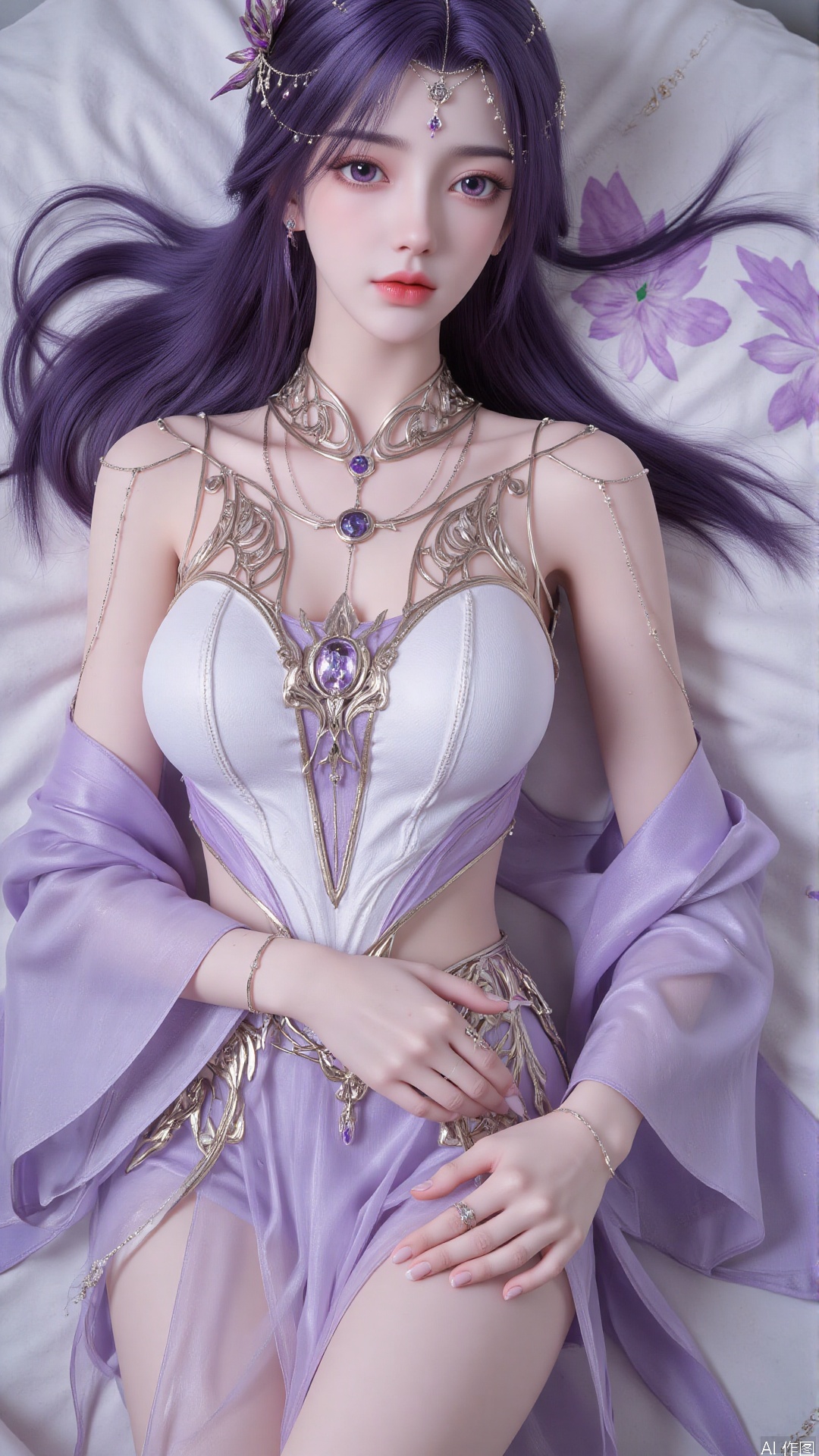  1girl, purple eyes, purple hair, long hair, thighhighs, lying, perfect body, scenery, sharp focus, best quality, masterpiece, detailed outfit, illustration, perfect eyes, finely detailed beautiful anime eyes, realistic skin, intricate details, best lighting, depth of field, ultra high resolution, bed, from above 