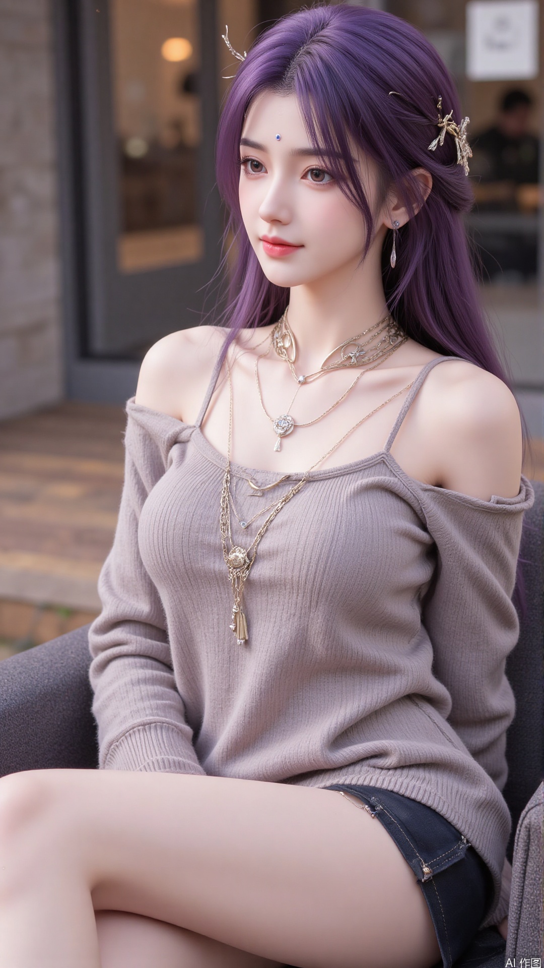 1girl, solo, long hair, looking at viewer, smile, purple hair, sitting, collarbone, off shoulder, grin, sweater, messy hair, realistic