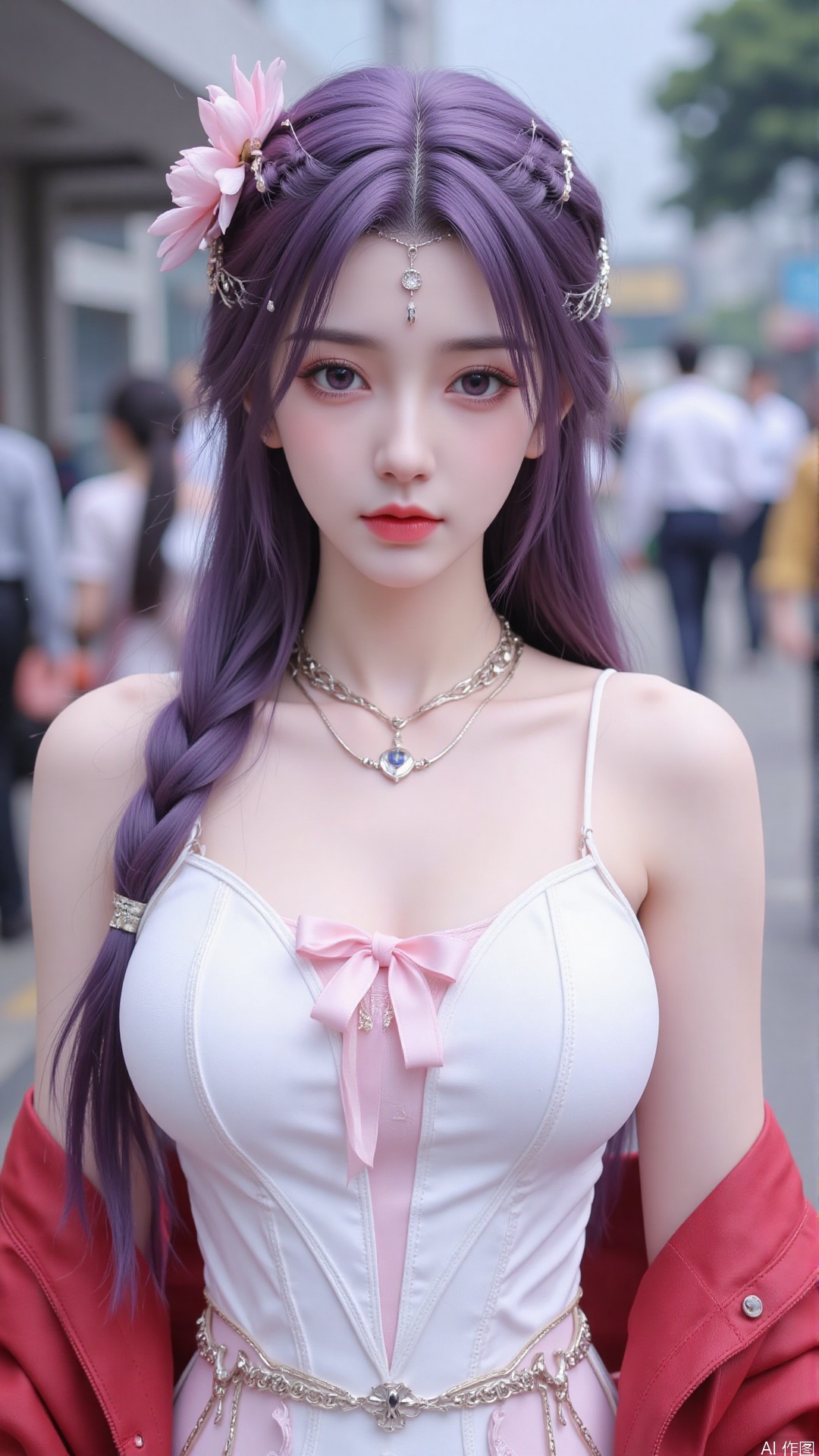 1girl,solo,jewelry,flower,hair flower,hair ornament,necklace,realistic,purple hair,purple eyes,looking at viewer,dress,blurry background,twin braids,blurry,white dress,long hair,upper body,breasts,pink bow,red jacket,bare shoulders,lips,collarbone,outdoors,cleavage,large natural breast,soft breasts,huge Breasts