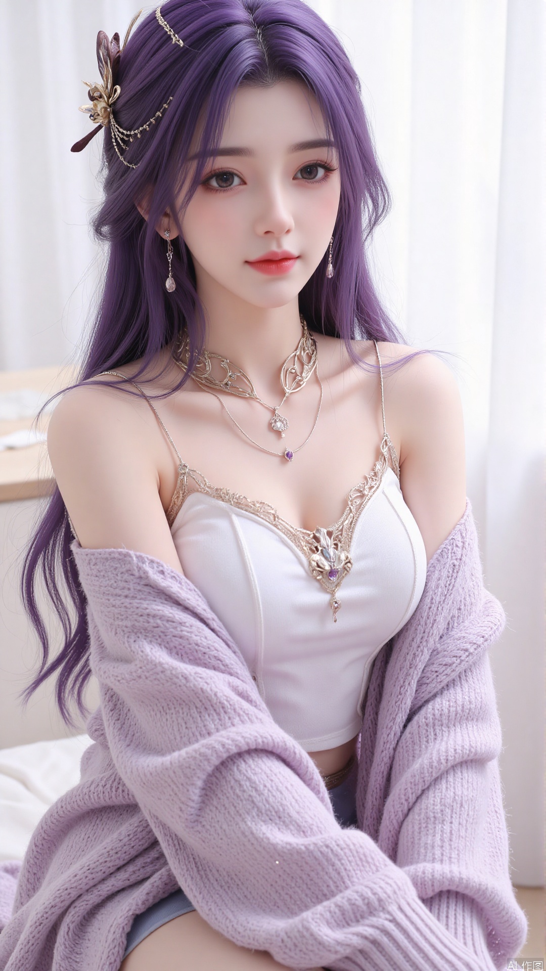1girl, solo, long hair, looking at viewer, smile, purple hair, sitting, collarbone, off shoulder, grin, sweater, messy hair, realistic