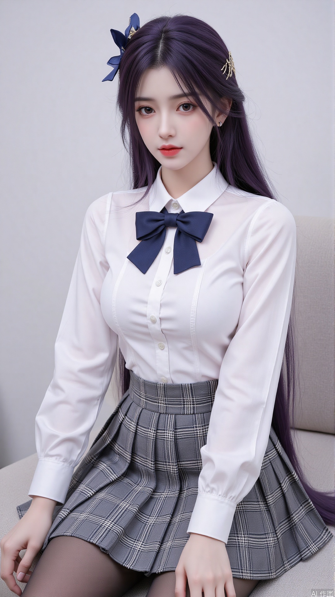 1girl, solo, long hair, breasts, looking at viewer, bangs, skirt, shirt, long sleeves, bow, medium breasts, closed mouth, school uniform, sitting, white shirt, hair bow, pantyhose, pleated skirt, striped, collared shirt, bowtie, lips, plaid, black pantyhose, dress shirt, blue bow, plaid skirt, grey skirt, thighband pantyhose, red lips, shirt tucked in,