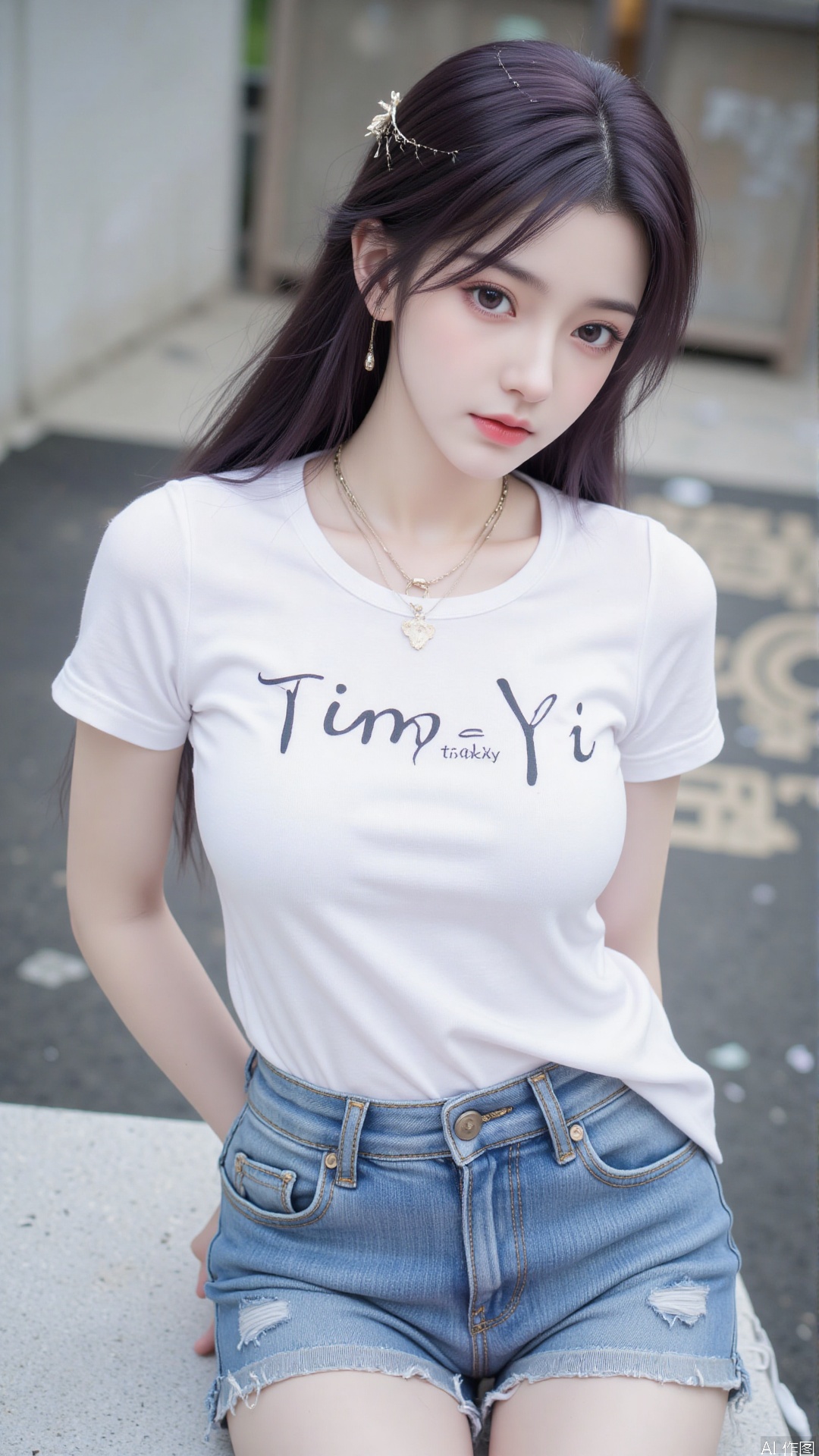 White t-shirt with ”Tim_Yi“ written on it, jeans shorts,1girl