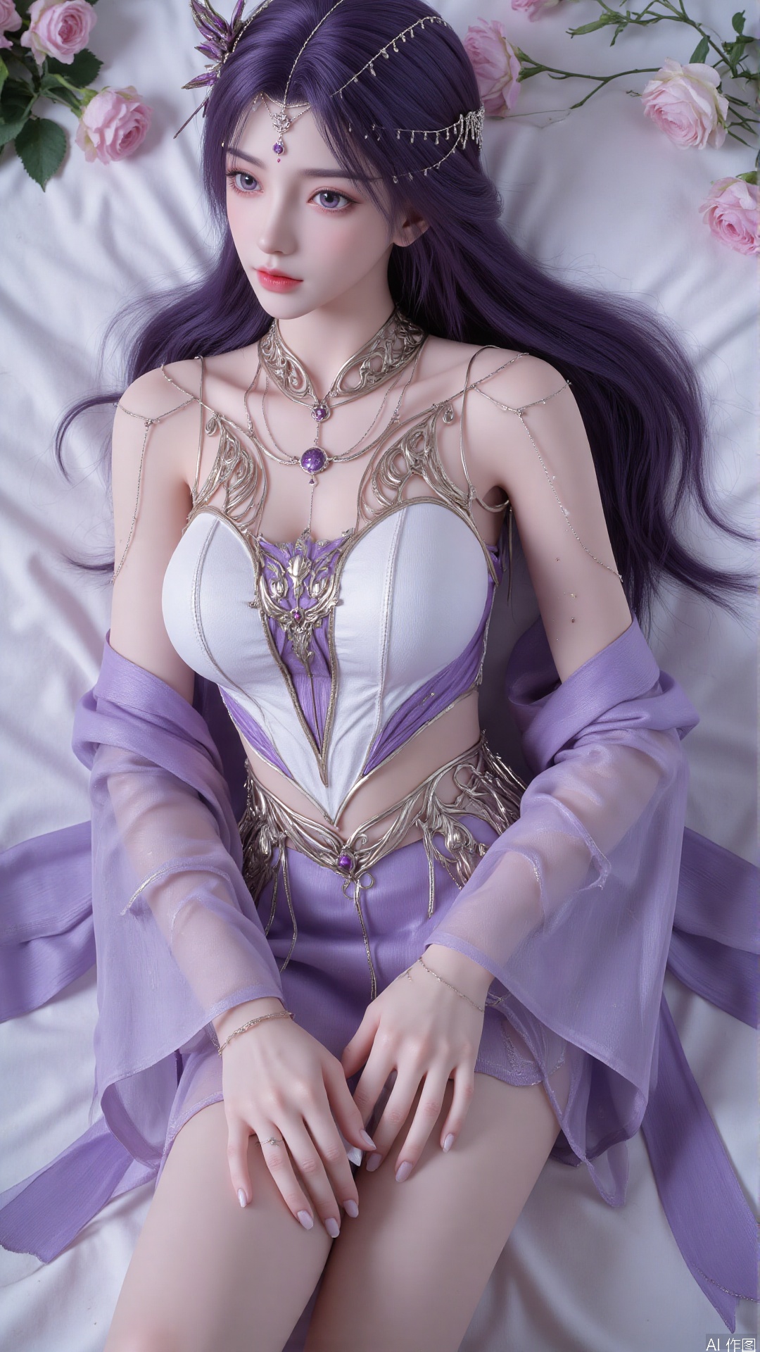  1girl, purple eyes, purple hair, long hair, thighhighs, lying, perfect body, scenery, sharp focus, best quality, masterpiece, detailed outfit, illustration, perfect eyes, finely detailed beautiful anime eyes, realistic skin, intricate details, best lighting, depth of field, ultra high resolution, bed, from above 