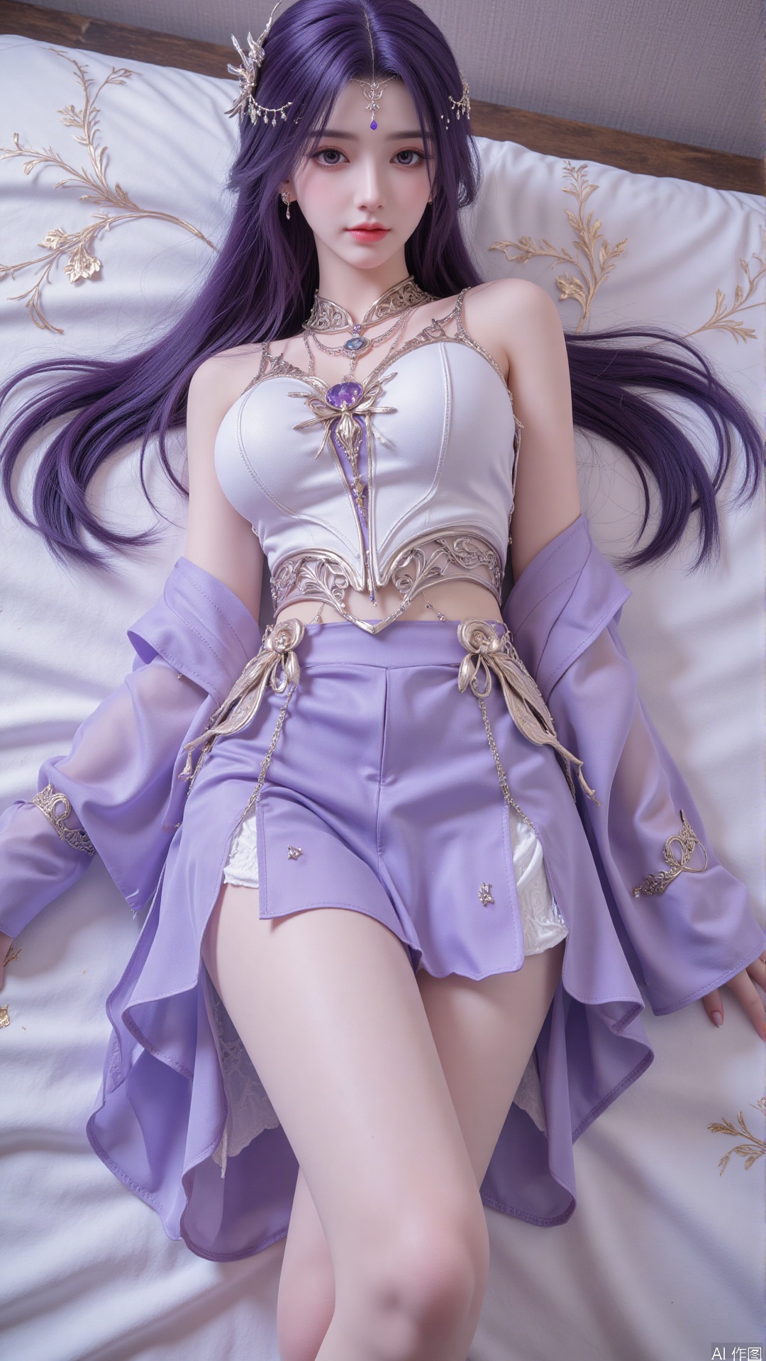  1girl, purple eyes, purple hair, long hair, thighhighs, lying, perfect body, scenery, sharp focus, best quality, masterpiece, detailed outfit, illustration, perfect eyes, finely detailed beautiful anime eyes, realistic skin, intricate details, best lighting, depth of field, ultra high resolution, bed, from above 