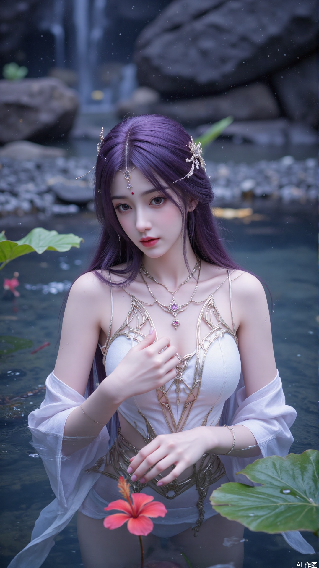 1girl, solo, long hair, breasts, looking at viewer, blush, open mouth, bangs, purple hair, hair ornament, dress, bare shoulders, brown eyes, medium breasts, collarbone, flower, parted lips, hair flower, water, white dress, sleeveless dress, leaf, plant, red flower, partially submerged, hibiscus
,backlighting,depth of field,cinematic lighting,light particles,lens flare, (artist:quasarcake:0.8),extreme aesthetic,(wlop:0.6),masterpiece,best quality,good quality,newest,very aesthetic,absurdres,Visual impact,A shot with tension, ultra-high resolution,32K UHD,sharp focus,best-quality,masterpiece,Emotionalization,unconventional supreme masterpiece,masterful details,temperate atmosphere,with a high-end texture,in the style of fashion photography, (alzi xiaomI:1.2),(mogumo:1.1),(good hands, nice hands:0.5),giving the poster a dynamic and visually striking appearance,impactful picture,offcial art,colorful,movie perspective, masterpiece,best quality,amazing quality,very aesthetic,absurdres,best quality,newest