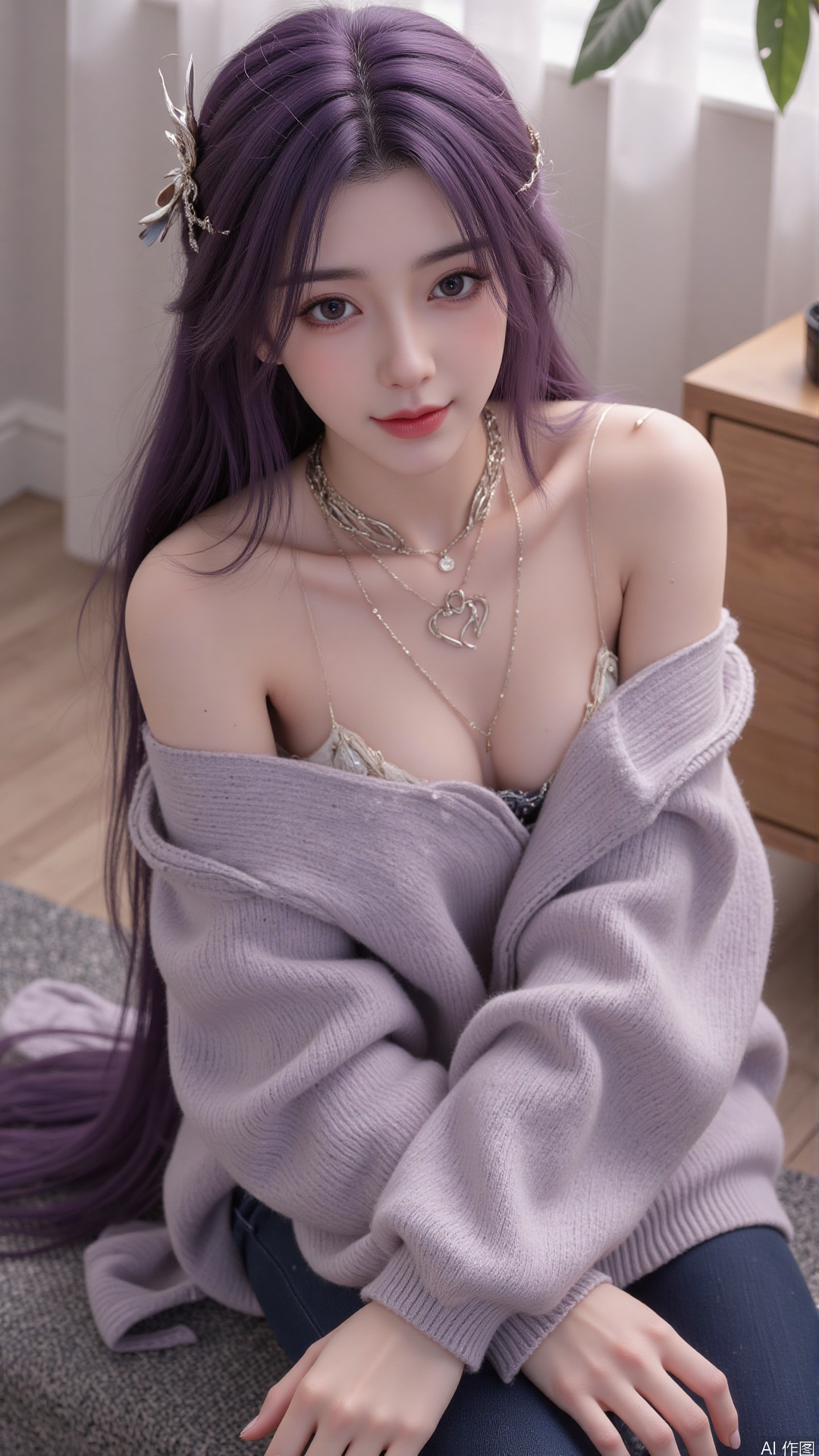 1girl, solo, long hair, looking at viewer, smile, purple hair, sitting, collarbone, off shoulder, grin, sweater, messy hair, realistic