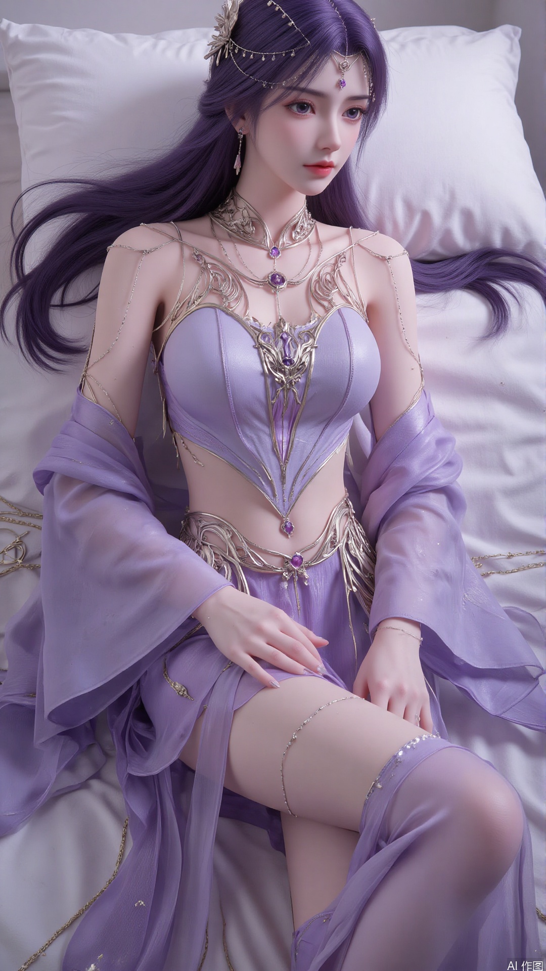  1girl, purple eyes, purple hair, long hair, thighhighs, lying, perfect body, scenery, sharp focus, best quality, masterpiece, detailed outfit, illustration, perfect eyes, finely detailed beautiful anime eyes, realistic skin, intricate details, best lighting, depth of field, ultra high resolution, bed, from above 