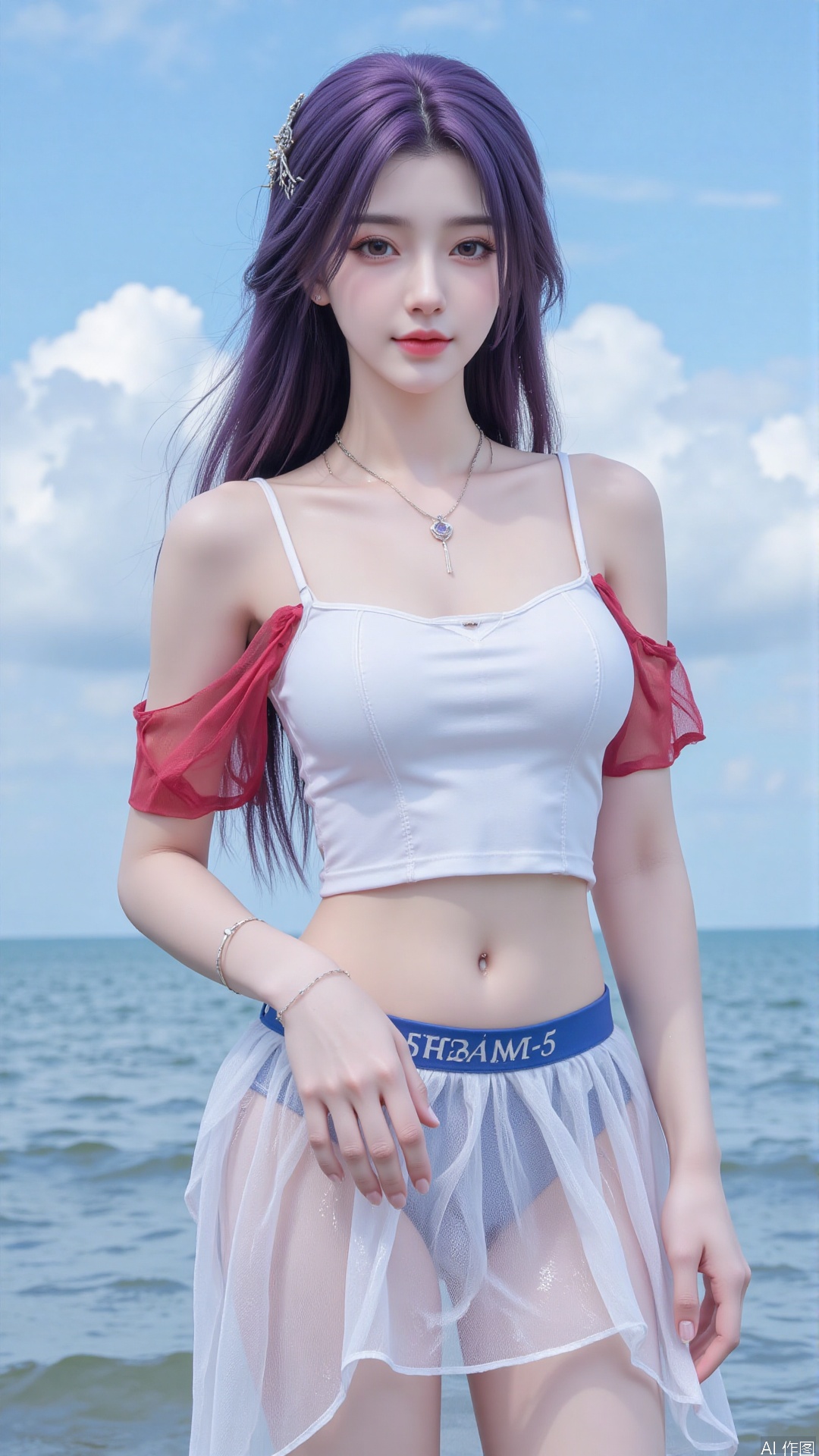 Korean girl, single, showing navel, long hair, purple hair, thighs, wearing shirt, outdoors, looking at viewer, realistic style, with water and sky, daytime, fair thighs, white tube top, short top, sea, lips, blue sky, short sleeves, smile, clouds, dark eyes, big eyes Eyes, plump breasts, plump breasts, chest, looking at the audience, looking at the screen, bare shoulders, collarbone, standing in the sea, (((upper body red short-sleeved, short top)), (((wearing a translucent The white gauze skirt and blue swimming trunks with the school team logo)) were soaked in the water and were soaked.