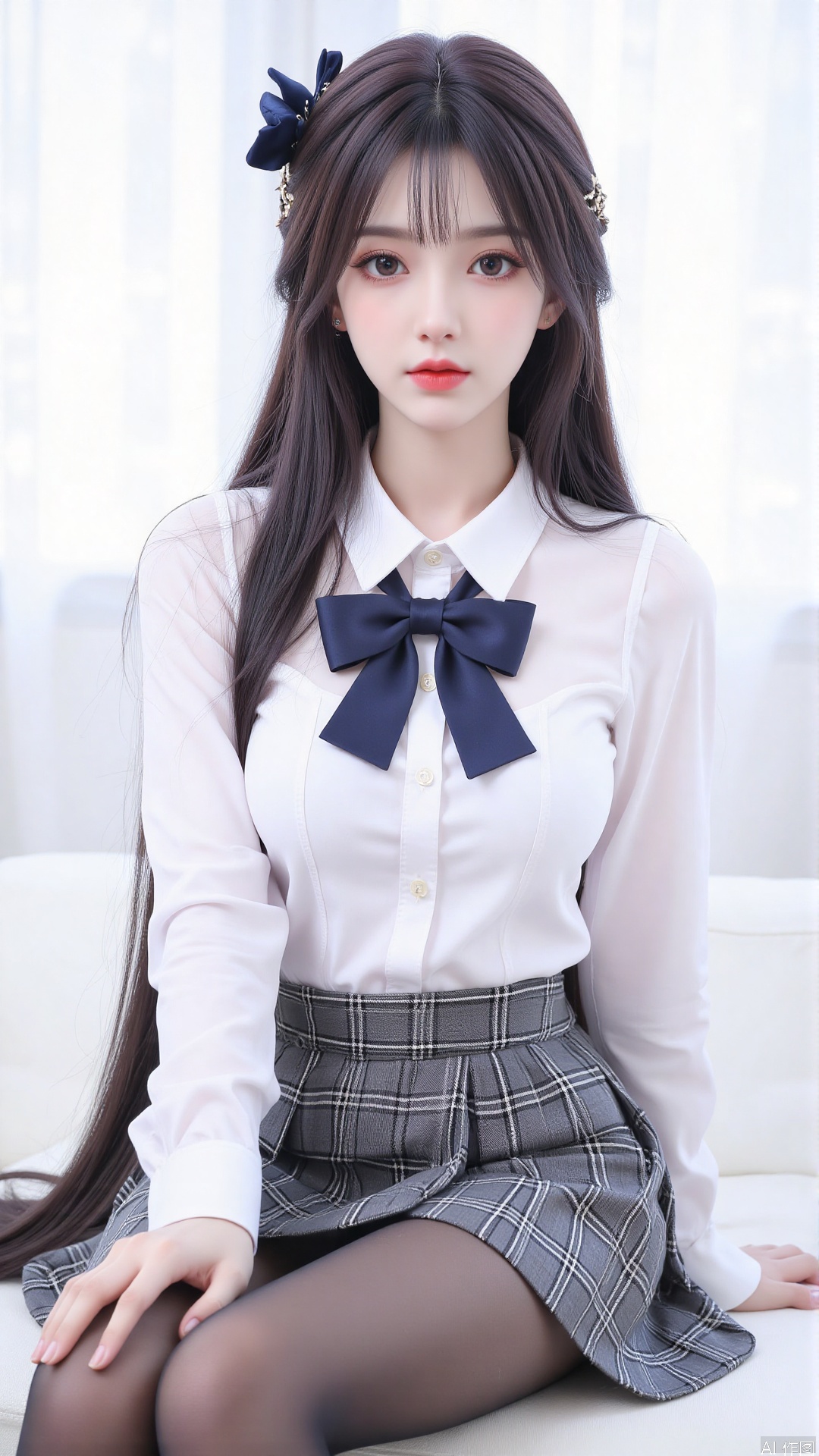 1girl, solo, long hair, breasts, looking at viewer, bangs, skirt, shirt, long sleeves, bow, medium breasts, closed mouth, school uniform, sitting, white shirt, hair bow, pantyhose, pleated skirt, striped, collared shirt, bowtie, lips, plaid, black pantyhose, dress shirt, blue bow, plaid skirt, grey skirt, thighband pantyhose, red lips, shirt tucked in,