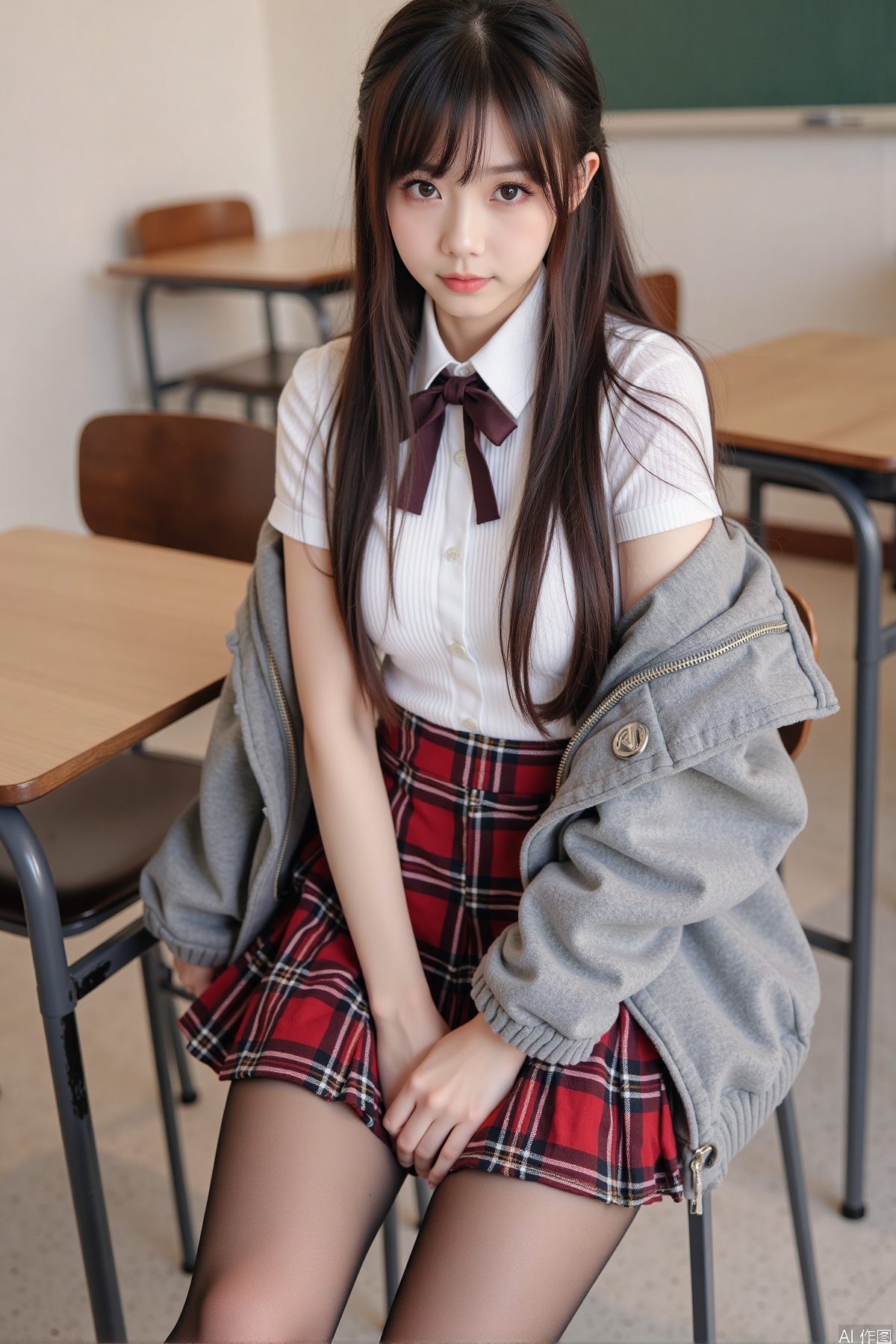 Realistic photo, one young woman, long hair, fair skin, big breast, school uniform, plaid skirt, (shiny pantyhose), long legs, red high heels, sitting, full body, classroom,