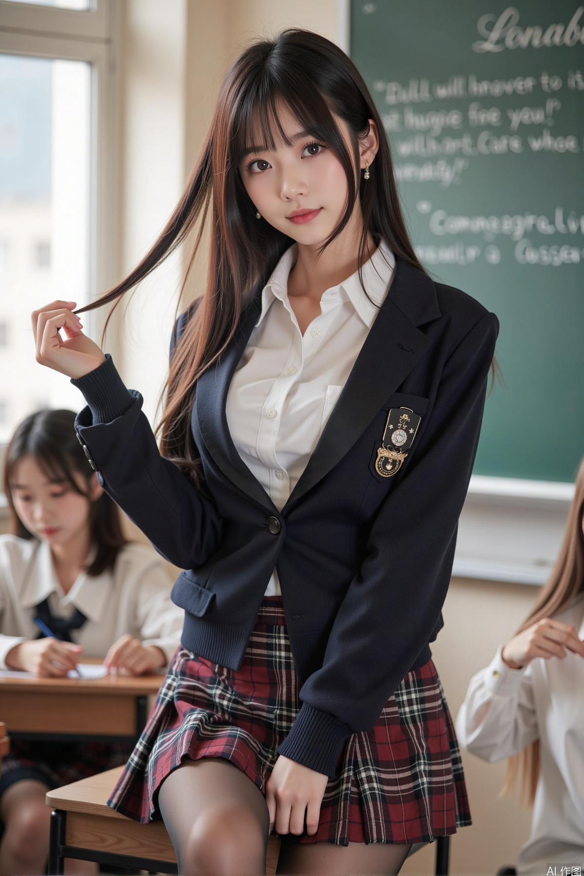 Realistic photo, one young woman, long hair, fair skin, big breast, school uniform, plaid skirt, (shiny pantyhose), upper body, classroom,