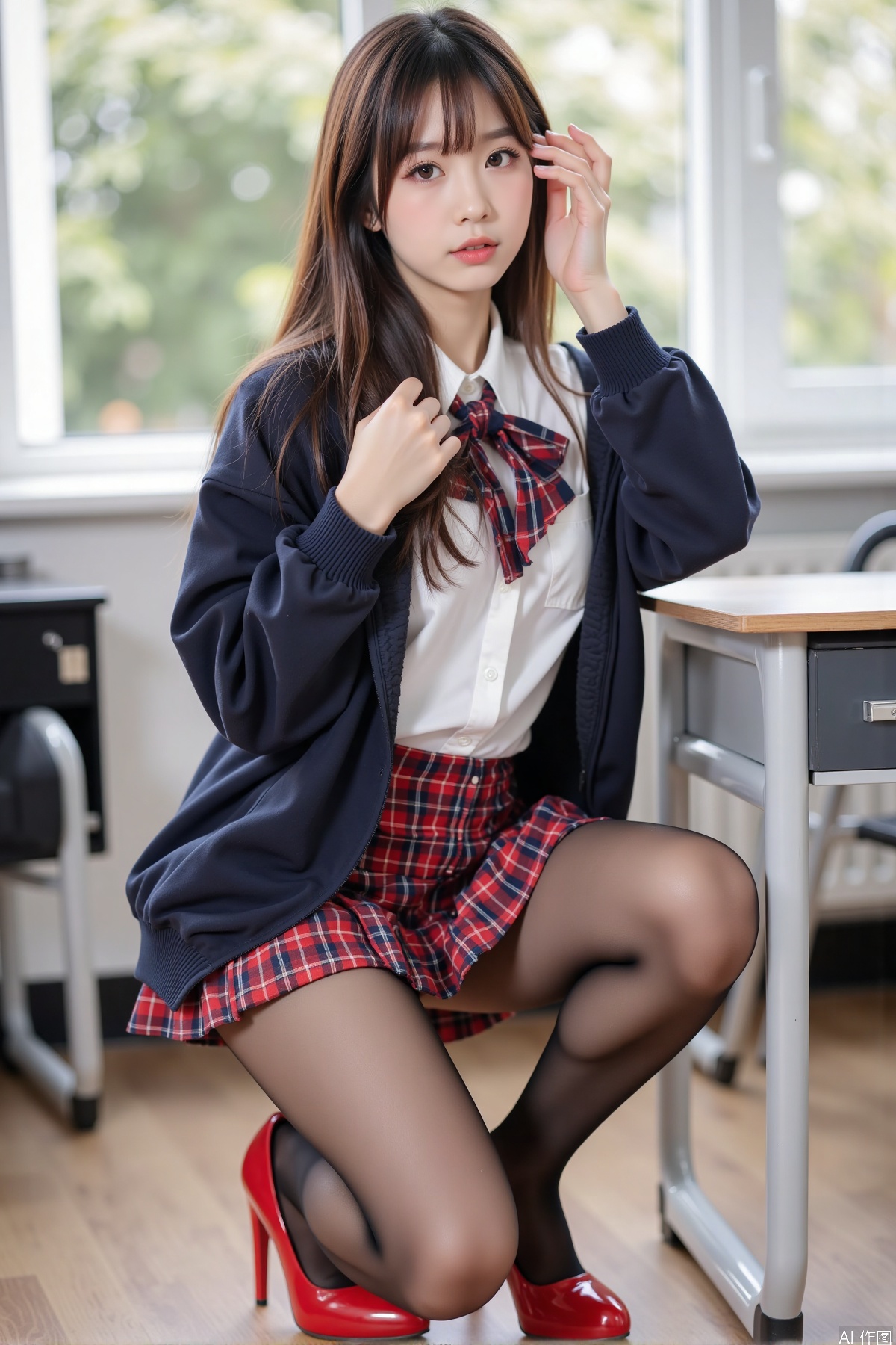 Realistic photo, one young woman, long hair, fair skin, big breast, school uniform, plaid skirt, (shiny pantyhose), long legs, red high heels, squatting, full body, classroom,