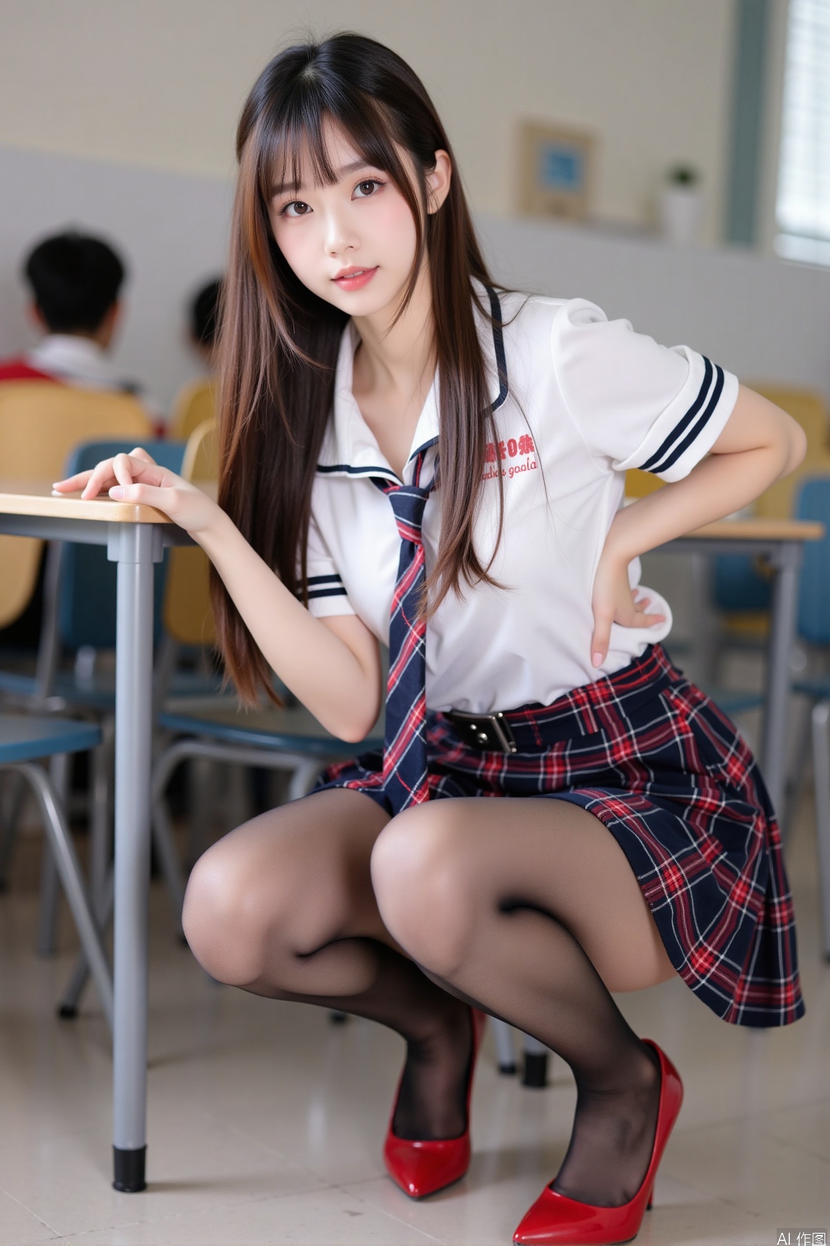 Realistic photo, one young woman, long hair, fair skin, big breast, school uniform, plaid skirt, (shiny pantyhose), long legs, red high heels, squatting, full body, classroom,