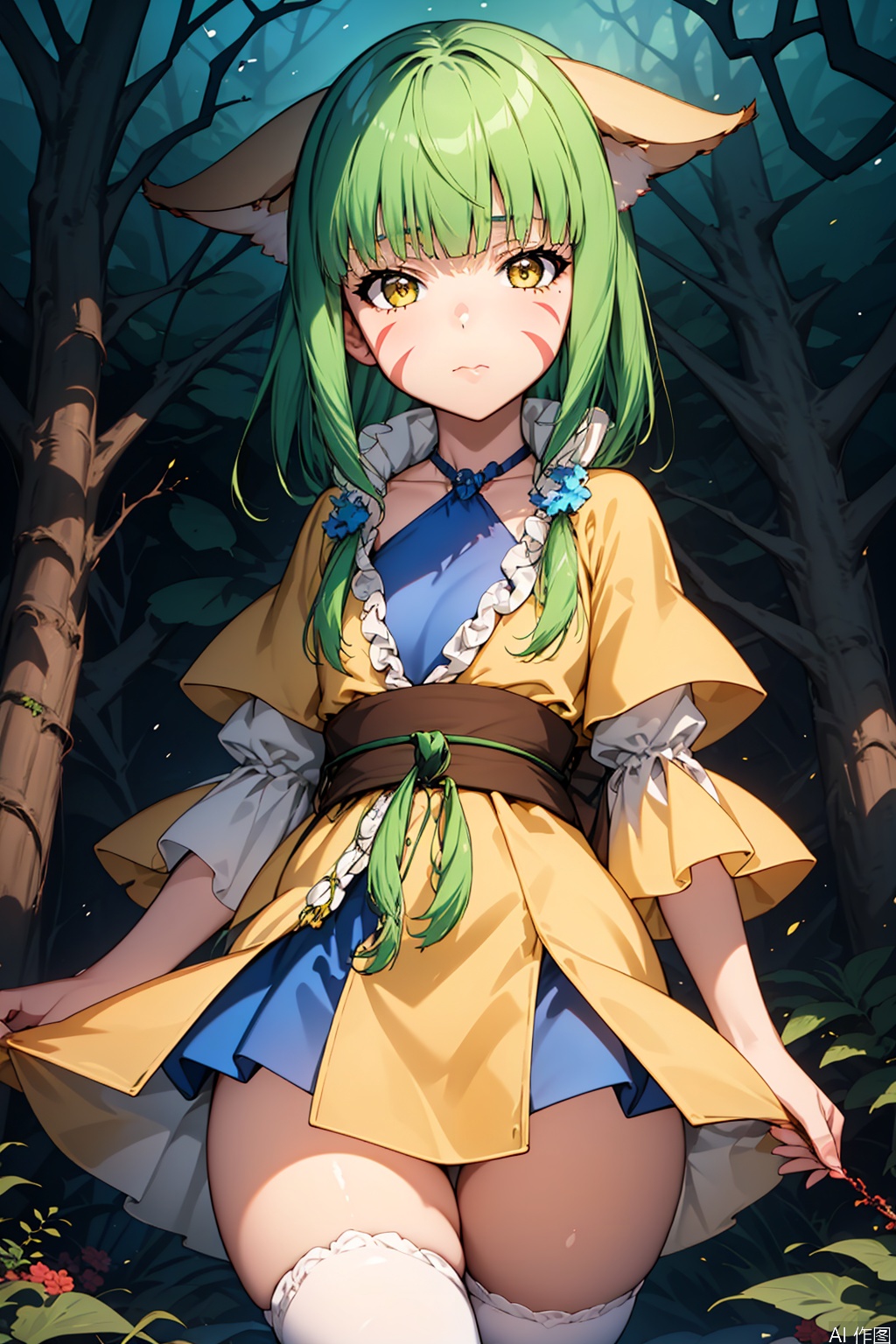 1girl, solo, tushanrongrong, brown eyes, green hair, facial mark, animal ears, yellow robe, frilled sleeves, halterneck, sash, blue dress,,,Forest,Thigh exposed,thighhighs,upper body,looking at viewer,