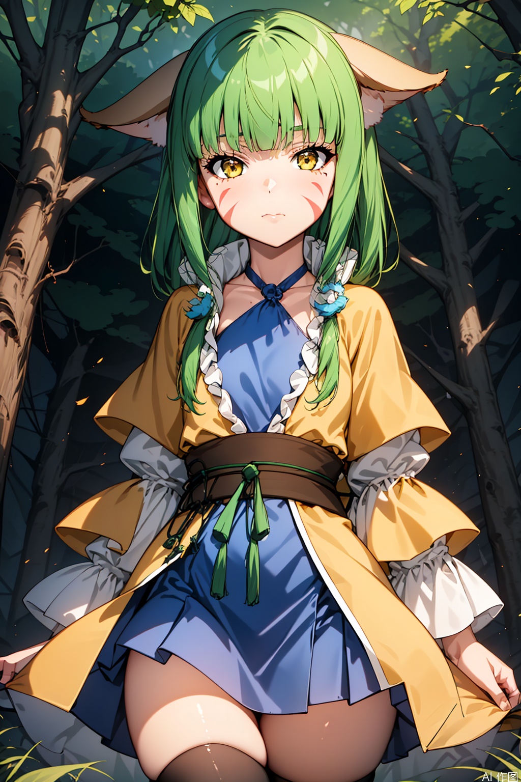 1girl, solo, tushanrongrong, brown eyes, green hair, facial mark, animal ears, yellow robe, frilled sleeves, halterneck, sash, blue dress,,,Forest,Thigh exposed,thighhighs,upper body,looking at viewer,