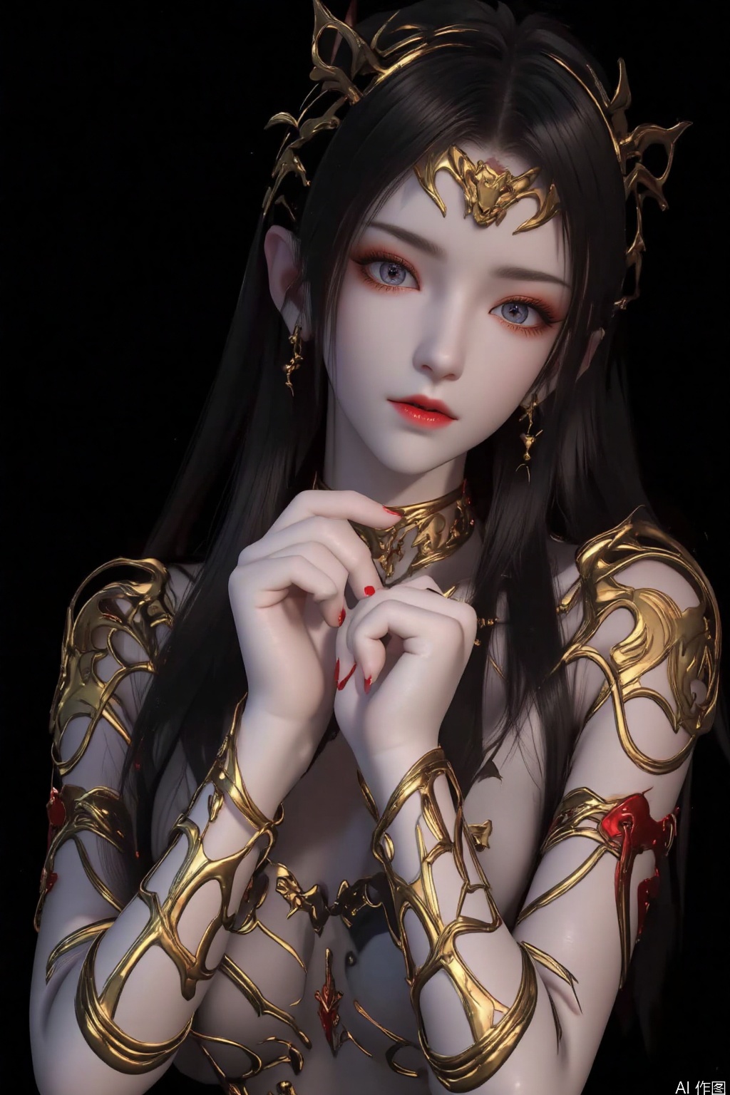 1girl solo long hair breasts looking at viewer blue eyes black hair  parted lips pointy ears fingernails grey eyes makeup black background pale skin red nails red lips