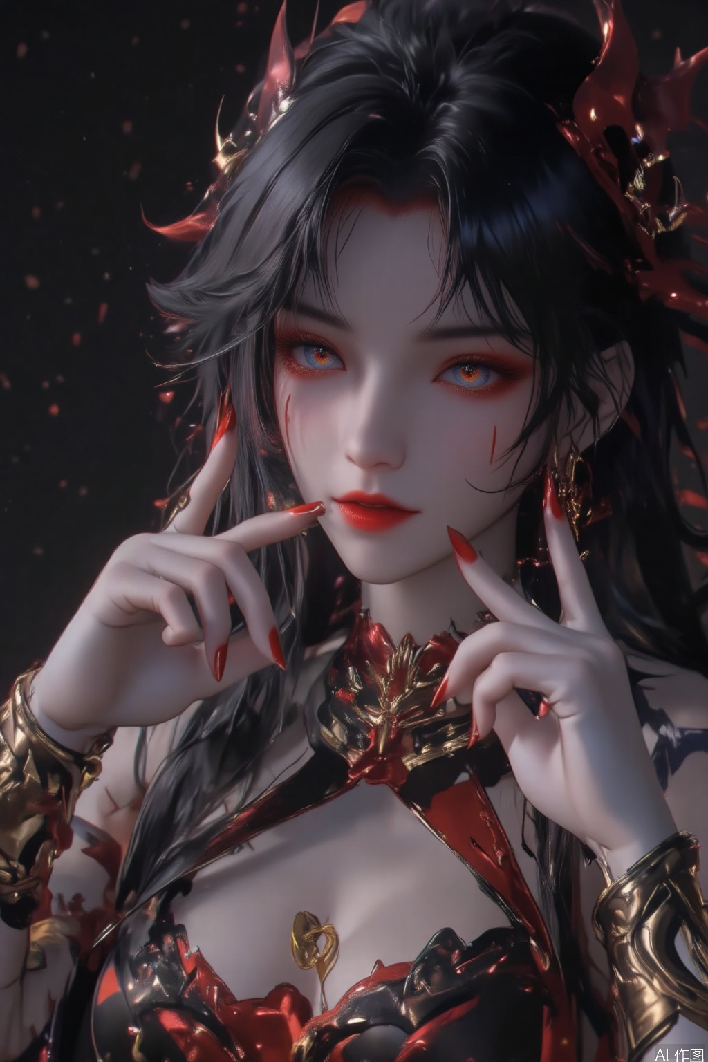 1girl solo long hair breasts looking at viewer blue eyes black hair  parted lips pointy ears fingernails grey eyes makeup black background pale skin red nails red lips