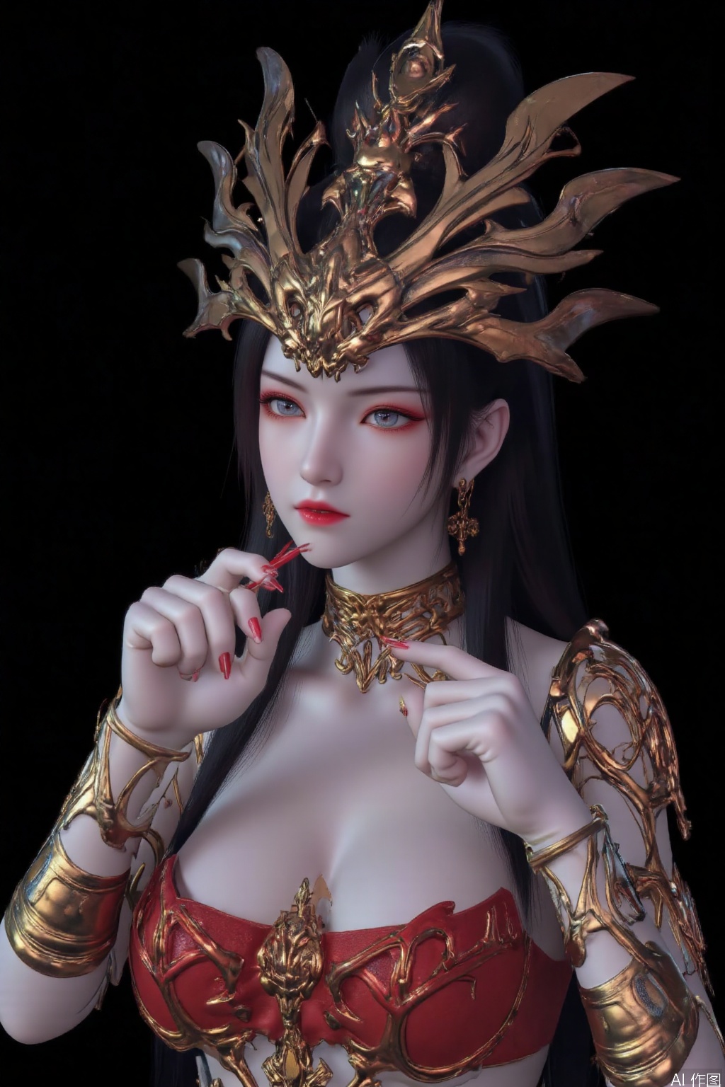 1girl solo long hair breasts looking at viewer blue eyes black hair  parted lips pointy ears fingernails grey eyes makeup black background pale skin red nails red lips