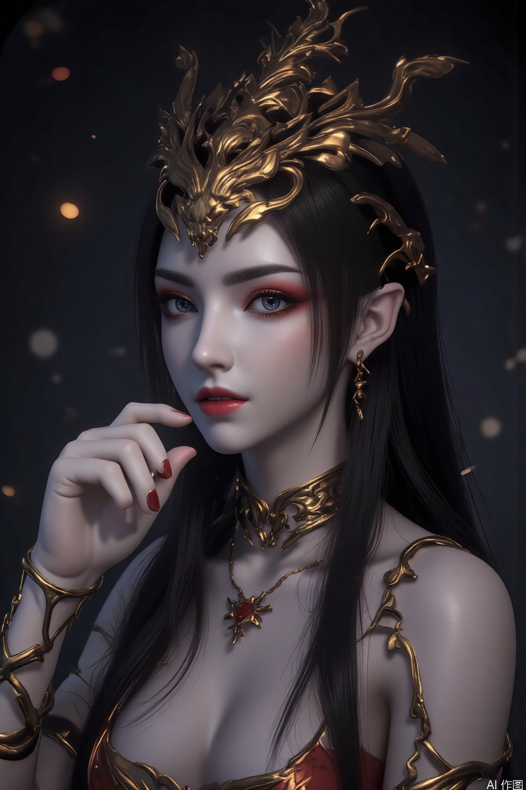 1girl solo long hair breasts looking at viewer blue eyes black hair upper body parted lips pointy ears fingernails grey eyes makeup black background pale skin red nails red lips