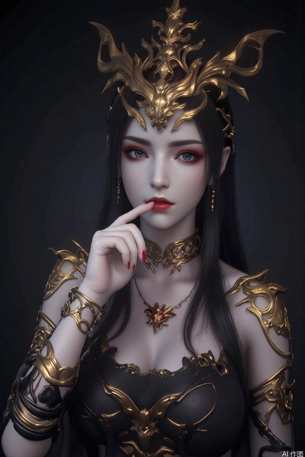 1girl solo long hair breasts looking at viewer blue eyes black hair upper body parted lips pointy ears fingernails grey eyes makeup black background pale skin red nails red lips