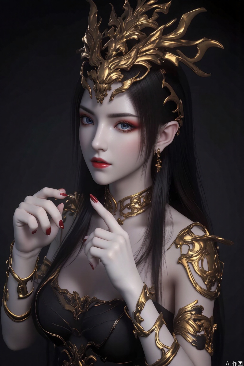 1girl solo long hair breasts looking at viewer blue eyes black hair upper body parted lips pointy ears fingernails grey eyes makeup black background pale skin red nails red lips