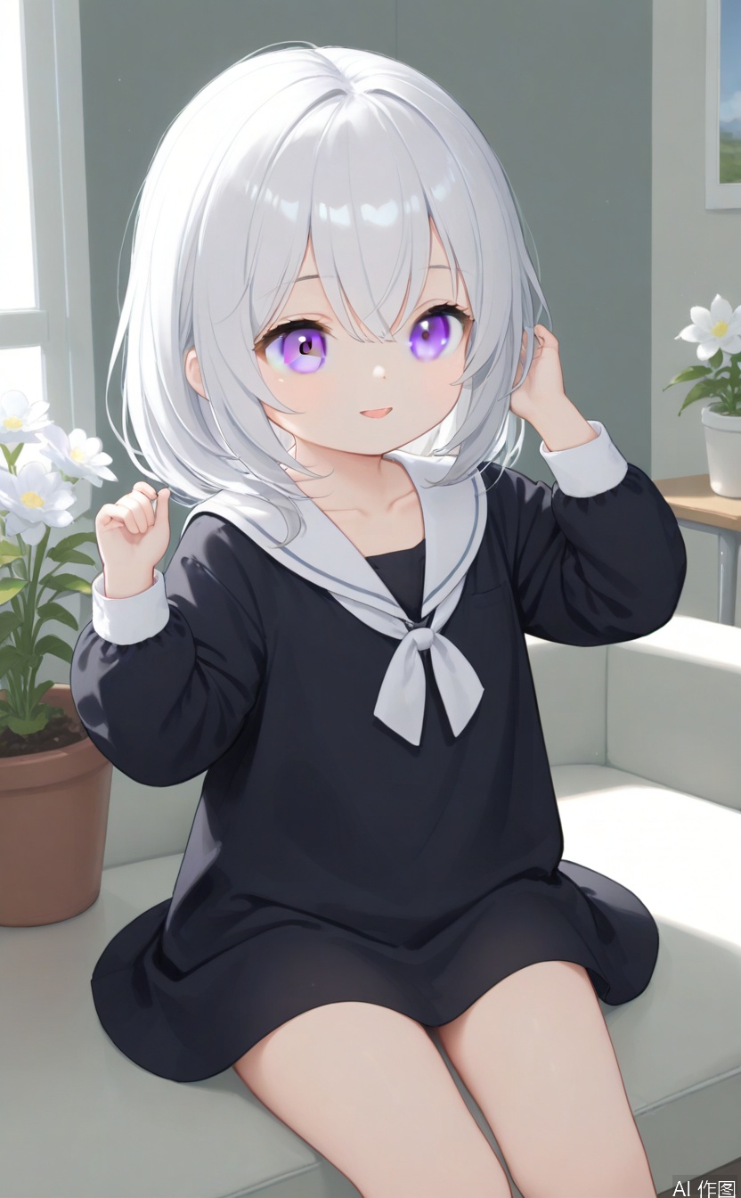 cxdistill1,masterpiece,best quality,high quality,loli,1girl,smile, bangs, shirt, long sleeves, dress, hair between eyes, sitting, school uniform, collarbone, flower, white hair, parted lips, barefoot, serafuku, indoors, sailor collar, blurry, black dress, grey eyes, hands up, window, 
