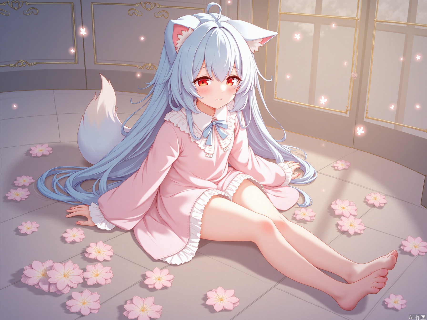 1girl, cute, highly detailed , fox ears, light blue hair, light red eyes, bloom , masterpiece ,ray, depth of field, flowers, leg, tile floor