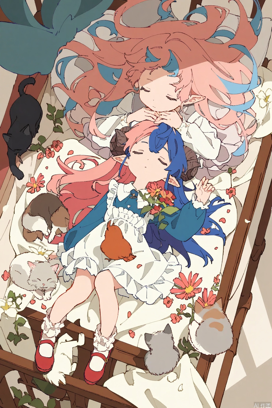 masterpiece, best quality, amazing quality,1girl, long hair, multiple girls, long sleeves, dress, 2girls, blue hair, closed eyes, pink hair, flower, multicolored hair, lying, frills, horns, shoes, pointy ears, socks, on back, white dress, pillow, bird, animal, cat, sleeping, red footwear, mary janes, rabbit