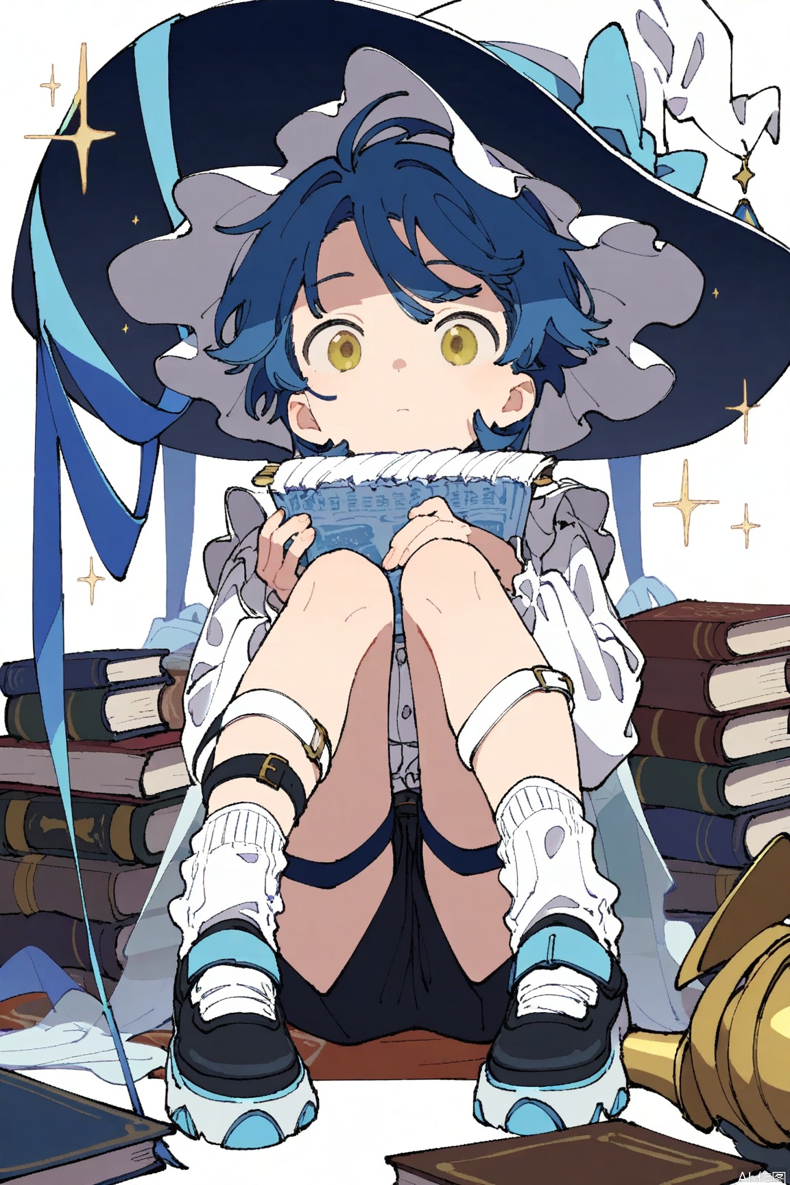 masterpiece, best quality, amazing quality,solo, looking at viewer, short hair, simple background, shirt, long sleeves, 1boy, hat, white background, bow, ribbon, holding, closed mouth, blue hair, full body, white shirt, male focus, frills, shorts, socks, book, sparkle, witch hat, white headwear, blue bow, black shorts, white bow, blue ribbon, legwear garter