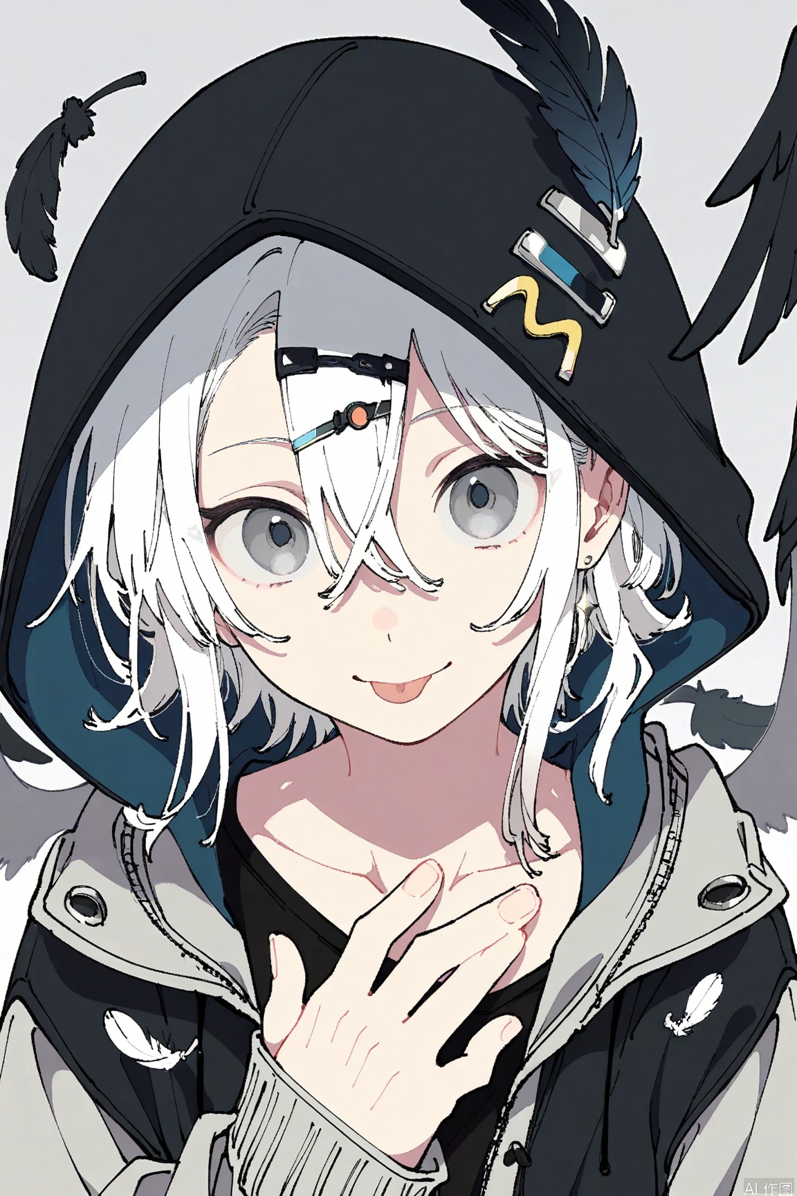 masterpiece, best quality, amazing quality,solo, looking at viewer, smile, blue eyes, shirt, hair ornament, long sleeves, 1boy, hair between eyes, jewelry, closed mouth, collarbone, jacket, upper body, white hair, male focus, one eye closed, wings, tongue, hairclip, hood, tongue out, grey eyes, black shirt, hoodie, feathers, hand on own chest, hooded jacket, hood up