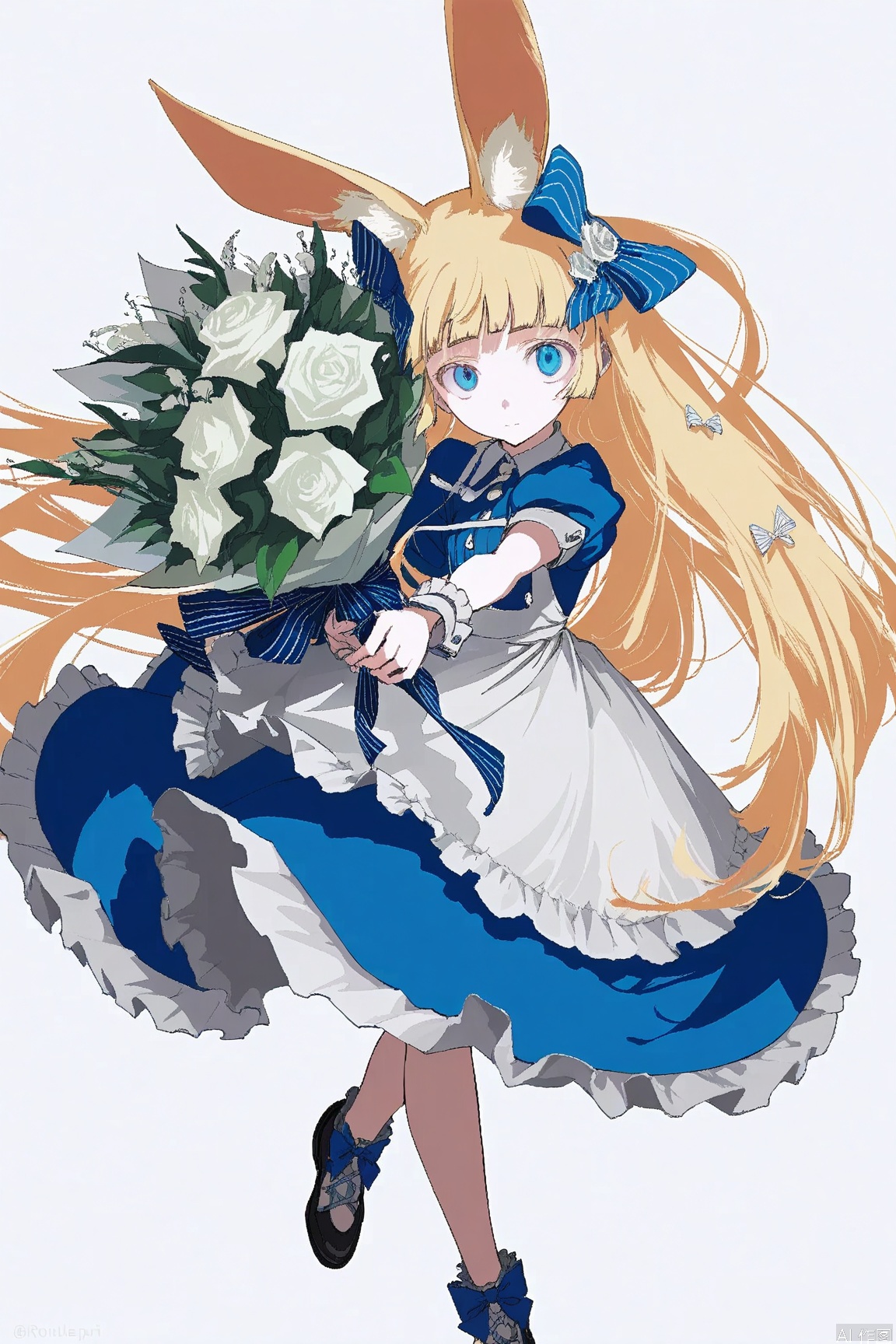 masterpiece, best quality, amazing quality, (roitz \( roitz \), au \(d elete\):1.1), (munlu \(wolupus\) ,banpai akira:1.2),1girl, solo, long hair, looking at viewer, bangs, blue eyes, blonde hair, simple background, hair ornament, white background, dress, bow, holding, animal ears, very long hair, closed mouth, standing, full body, flower, short sleeves, hair bow, frills, shoes, puffy sleeves, blunt bangs, black footwear, rabbit ears, apron, puffy short sleeves, animal ear fluff, wrist cuffs, blue dress, blue bow, frilled dress, white flower, white apron, striped bow, bouquet, white rose, holding bouquet, weibo username