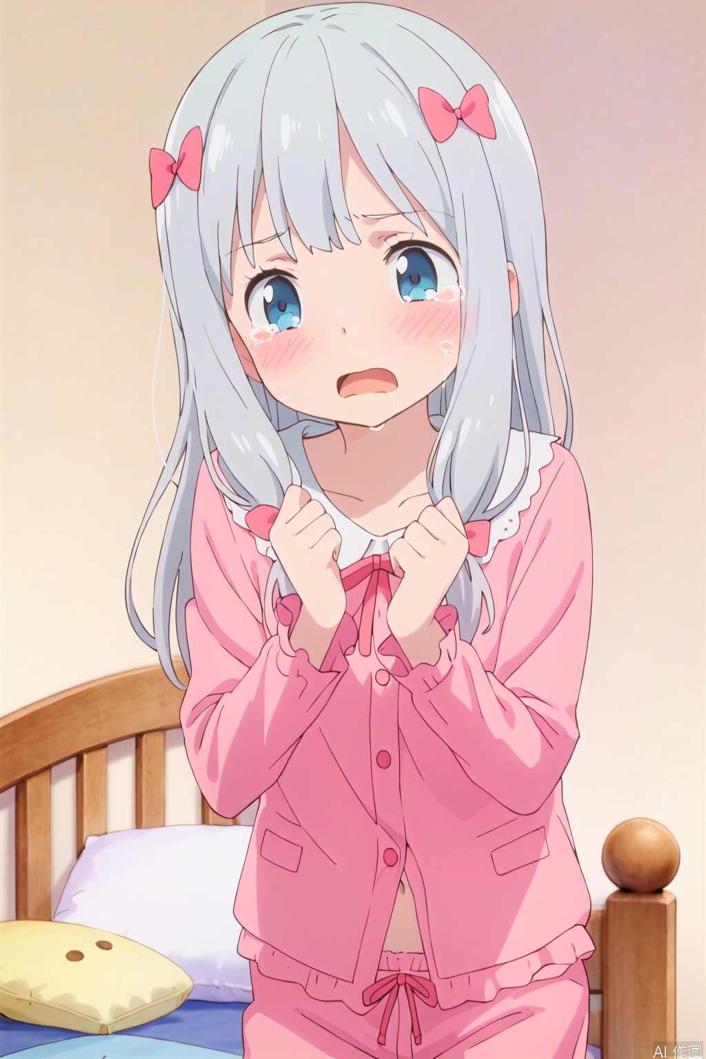 1girl,solo,grey hair,long hair,blue eyes,bow ribbon,navel,hair bow,pillow,pink bow,pajamas,pink bloomers,,masterpiece,best quality,official art,extremely detailed CG unity 8k wallpaper,(slim:1.2),(skinny:1.2),(blush:1.4),(open the mouth:1.2),(tear:1.2),standing