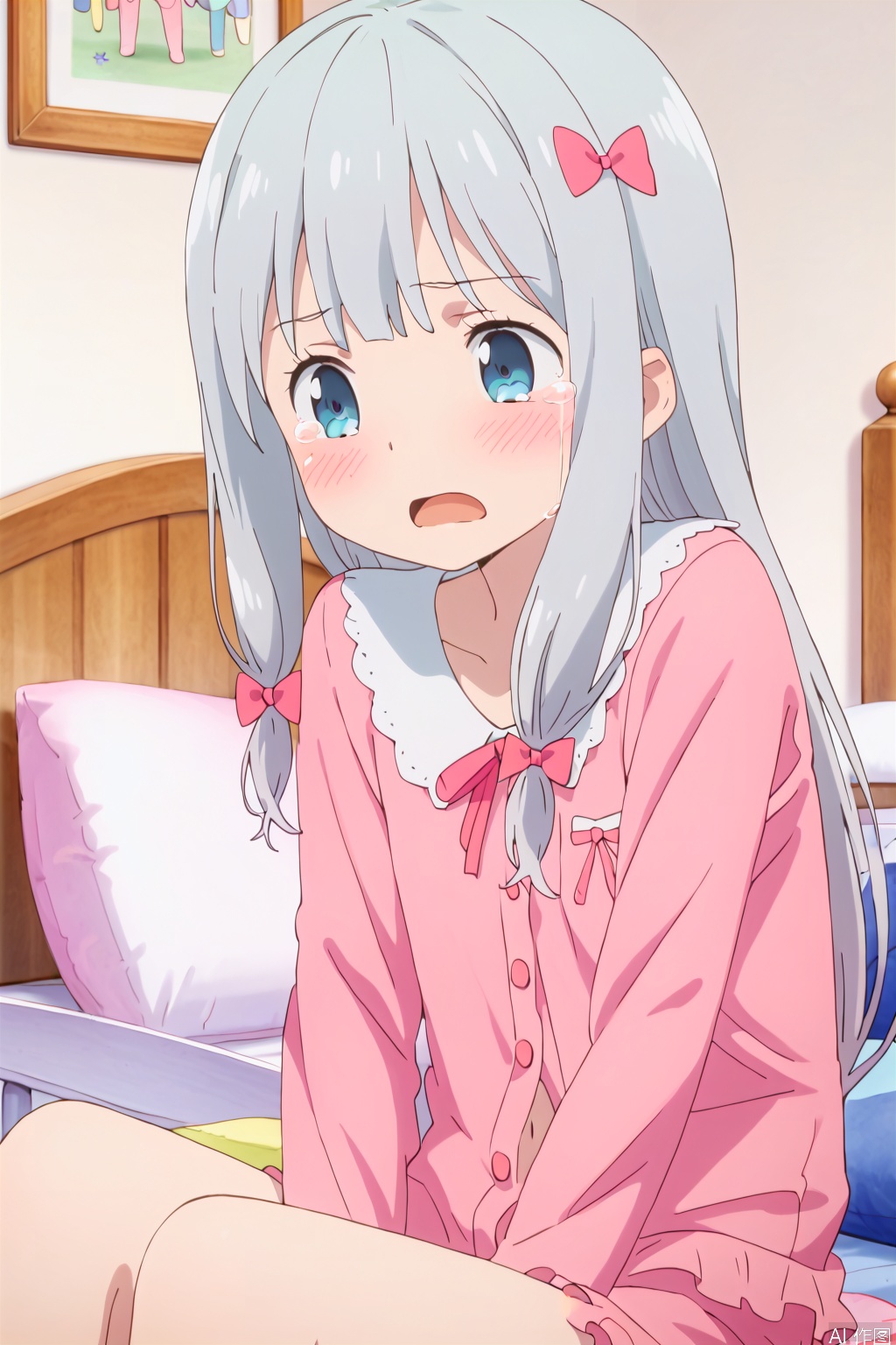 1girl,solo,grey hair,long hair,blue eyes,bow ribbon,navel,hair bow,pillow,pink bow,pajamas,pink bloomers,,masterpiece,best quality,official art,extremely detailed CG unity 8k wallpaper,(slim:1.2),(skinny:1.2),(blush:1.4),(open the mouth:1.2),(tear:1.2),sit,bed