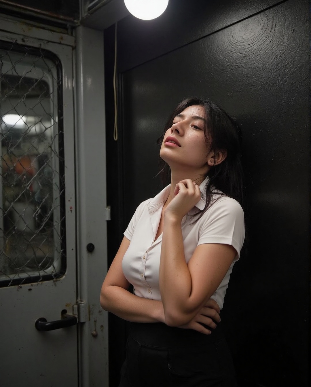 Create a realistic photoshoot for a woman in the role of a sexy waitress,  using a Canon EOS 1D camera and a 50mm Canon RF...
