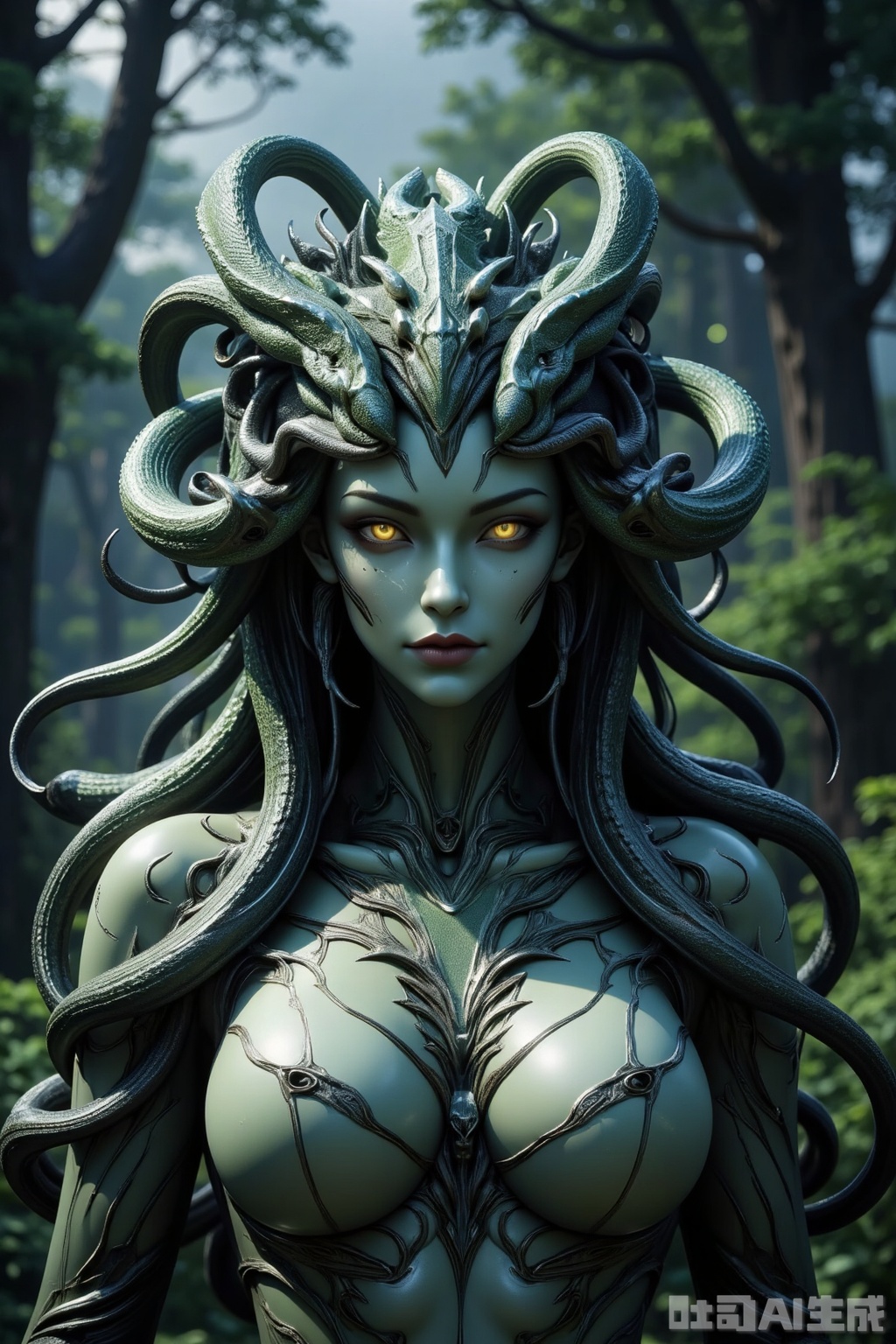 mecha,JM-S,a highly detailed digital painting of a medusa-like creature with a humanoid face and snake-like body. the creature has a pale green,scaly skin with a rough texture,and its face is framed by a thick,dark green mane of snakes. the face is expressionless and has a sinister look,with dark,almond-shaped eyes and a pointed chin. the snakes are wrapped around the creature's neck and shoulders,with one snake resting on the creature's head. the background is a dark,eerie forest with tall trees and thick foliage,creating a sense of depth and isolation. the lighting is dim and moody,casting shadows on the creature's face and body. the overall color palette is dark and muted,with shades of green,black,and gray. the painting is highly detailed and realistic,with a focus on texture and scale. the style is reminiscent of dark fantasy art,with a horror and mythical theme. the creature's eyes are particularly striking,with a glowing yellow color that contrasts with the dark surroundings. the image is centered on the creature,with the background blurred to emphasize the subject. the creature's expression and the snakes add a sense of danger and mystique.,
