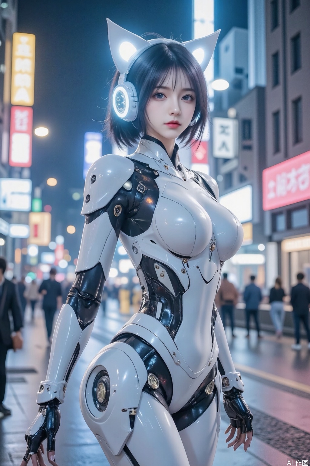 (best quality:1.3),(masterpiece:1.2),16k,1girl,blue eyes,blurry background,cyberpunk,glowing,headphones,Oblique side close-up,Full body white mecha,Luminous mechanical cat ears,,Complex mecha structure,The side of the waist is exposed,A huge headphone receiver,A super complex and precision structured robotic arm,medium breasts,,solo,,Mecha,Hard surface,Realistic materials,Luminous earphones,Glowing mecha,Multi light source mecha,night,Urban background,neon lights,skyscrapers,Neon light background,Cyberpunk background,Cyberpunk,Neon lighting effect,（full_body：1.331）,(Battle stance:1.331),long leges
