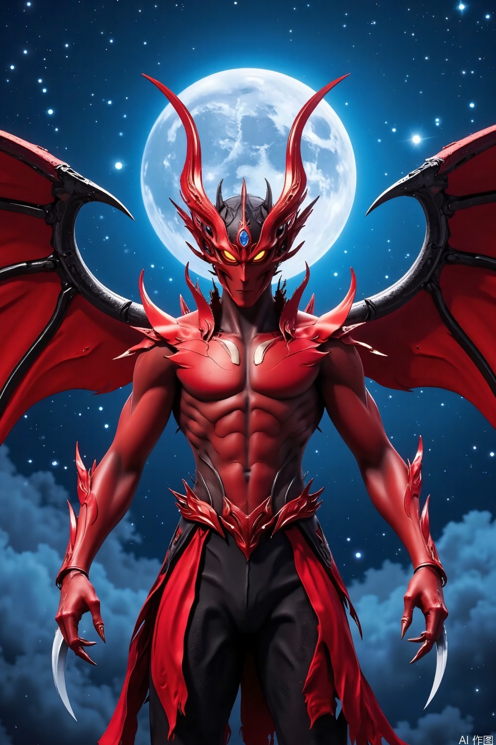 robot
a vibrant vibrant red demon-like creature

adorned with sharp claws

stands out against a backdrop of a dark blue sky. The creature's head is adorned with a glowing red eye

adding a touch of energy to the scene. Its wings are spread out

adding depth to the composition. The scene is set in a star-filled sky

with a blue moon in the background

creating a stark contrast to the creature's wings.

