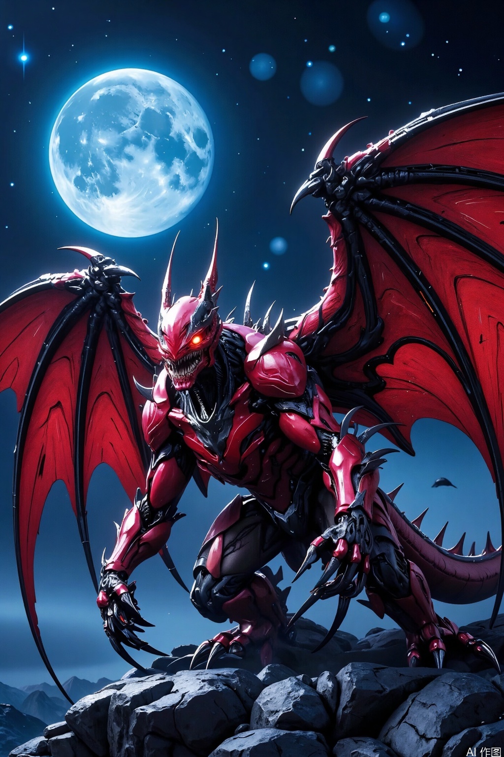 robot
a vibrant vibrant red demon-like creature

adorned with sharp claws

stands out against a backdrop of a dark blue sky. The creature's head is adorned with a glowing red eye

adding a touch of energy to the scene. Its wings are spread out

adding depth to the composition. The scene is set in a star-filled sky

with a blue moon in the background

creating a stark contrast to the creature's wings.

