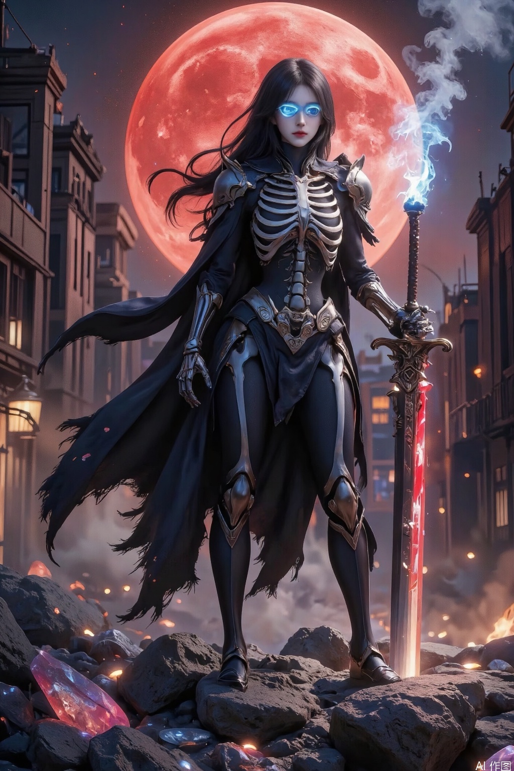  ((Birds view.)) Masterpiece,best quality,Ultra-high resolution,Realistic,sense of reality,The ultimate detail,8K wallpaper,Professional lighting,Cyberpunk lights. Flame around armor.The perfect hand,Realistic hands,1girl,solo,standing,full body,(long black hair:1.1),Rubber coat,"Skeleton Cloud holding a great sword of destruction": The center of the picture is a Cloud in the form of a skeleton. His bone structure is clearly visible, and strange blue flames are flashing in his eye sockets. He held the iconic sword of destruction tightly, the blade of the sword exuded a dark light, and the blade was engraved with mysterious runes. The skeleton Cloud wears a worn black cloak, fluttering wildly in the wind, and the edges of the cloak are frayed. He stood atop a desolate ruin, surrounded by collapsed buildings and burned debris. The background is a blood-red moon, dyeing the entire scene an eerie hue. A faint haze of smoke filled the ruins, looming over Cloud's lower body. There are some traces of battle on his skeleton body, and the cracks on the bones seem to tell the story of the fierce battle. Under his feet were broken fragments of magic crystal, shining with a faint light, echoing the light on his body. The entire picture creates a tragic and mysterious atmosphere, showing the unique charm and powerful aura of the skeleton version of Cloud.