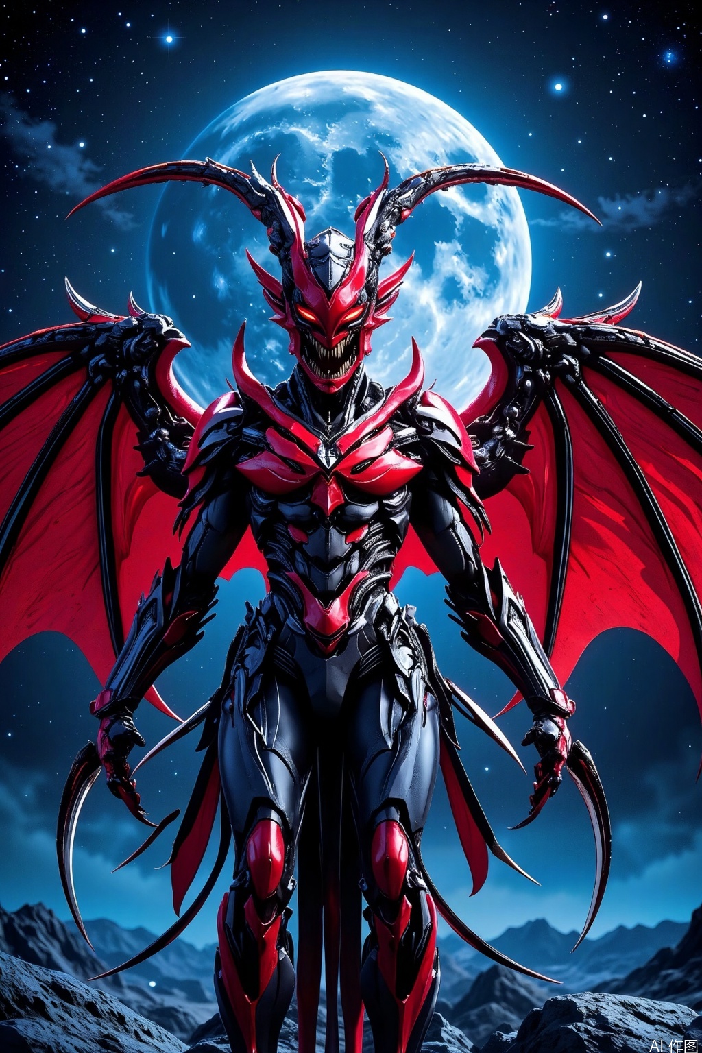 robot
a vibrant vibrant red demon-like creature

adorned with sharp claws

stands out against a backdrop of a dark blue sky. The creature's head is adorned with a glowing red eye

adding a touch of energy to the scene. Its wings are spread out

adding depth to the composition. The scene is set in a star-filled sky

with a blue moon in the background

creating a stark contrast to the creature's wings.

