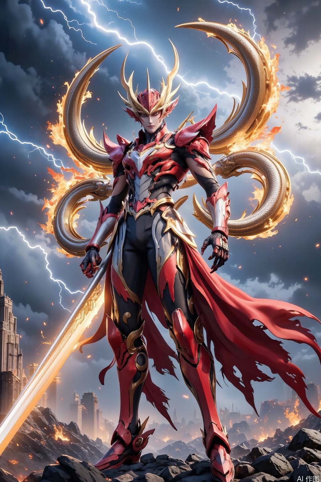 Nezha, dressed in a cyberpunk-style mecha, stands in a red mecha suit amidst a battlefield of chaos, with rubble broken soldiers strewn about. Dark clouds swirl overhead, lightning cracks, as if silver serpents are striking the ground, intensifying the tense atmosphere. His dragon armor glimmers in the flashing light, and his long spear and cosmic ring are ready at hand. The image of this three-headed, six-armed demigod ex power, with the wind and fire wheels spinning beneath his feet, igniting golden and flames that interweave with the lightning, casting a mysterious glow around Nez, emitting an aura of unyielding strength.