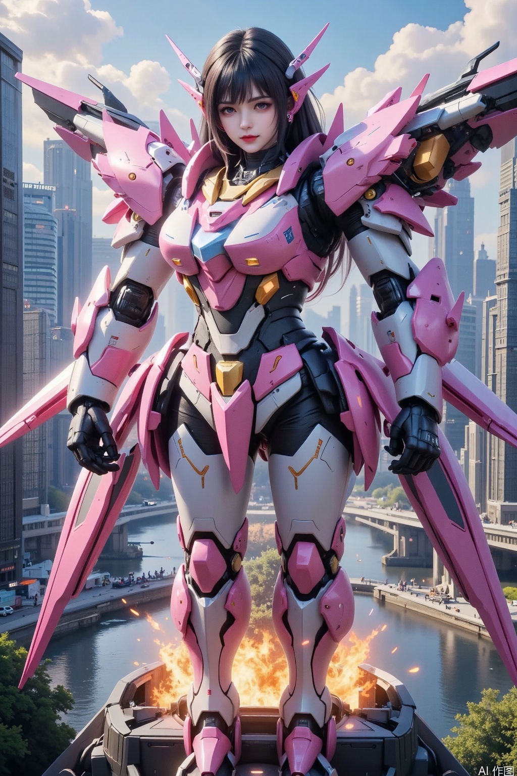  ((Birds view.)) Masterpiece,best quality,Ultra-high resolution,Realistic,sense of reality,The ultimate detail,8K wallpaper,Professional lighting,Cyberpunk lights. Flame around armor.The perfect hand,Realistic hands,1girl,solo,standing,full body,(long black hair:1.1),jixieji,Wearing a mecha,mechanical joint,dynamic posture,Universe,Earth,machinery,Heela collections,Mecha girl sexaroid,Chain link fence,((dynamic pose)),blue_jijiaS,fbot,mecha,Pink Mecha,Mecha girl figure,Honey Mecha,Mecha warrior,Mecha,CYBER PUNK,Gundam,rx78,girl,detail,GTS,Real,1GIRL,science fiction,Mechagirl,Girl. Giantess standing on the city. She is 200 meters higher than the building.,bird 's-eye view,fantastic atmosphere,river. Hold a plane in the hands. Small trucks and human beings around the Giantess.,river,fantastic sense of light. Holding a larger laser gun,fight with monsters., wangyushan, BJ_Gundam, mechpp