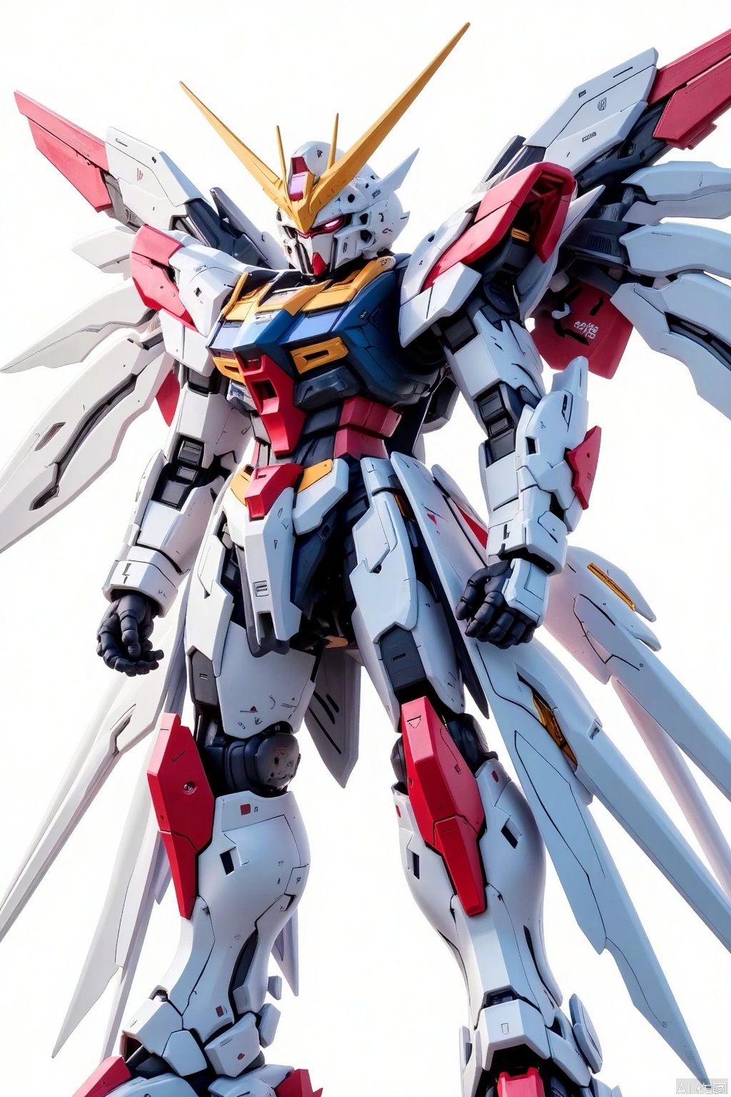 (best quality:1.3),(masterpiece:1.2),16k, Hyperrealistic art BJ_Gundam,solo,wings,standing,no_humans,glowing,robot,mecha,clenched_hands,science_fiction,looking_ahead,cinematic lighting,strong contrast,high level of detail,Best quality,masterpiece,White background,. Extremely high-resolution details,photographic,realism pushed to extreme,fine texture,incredibly lifelike,, BJ_Gundam