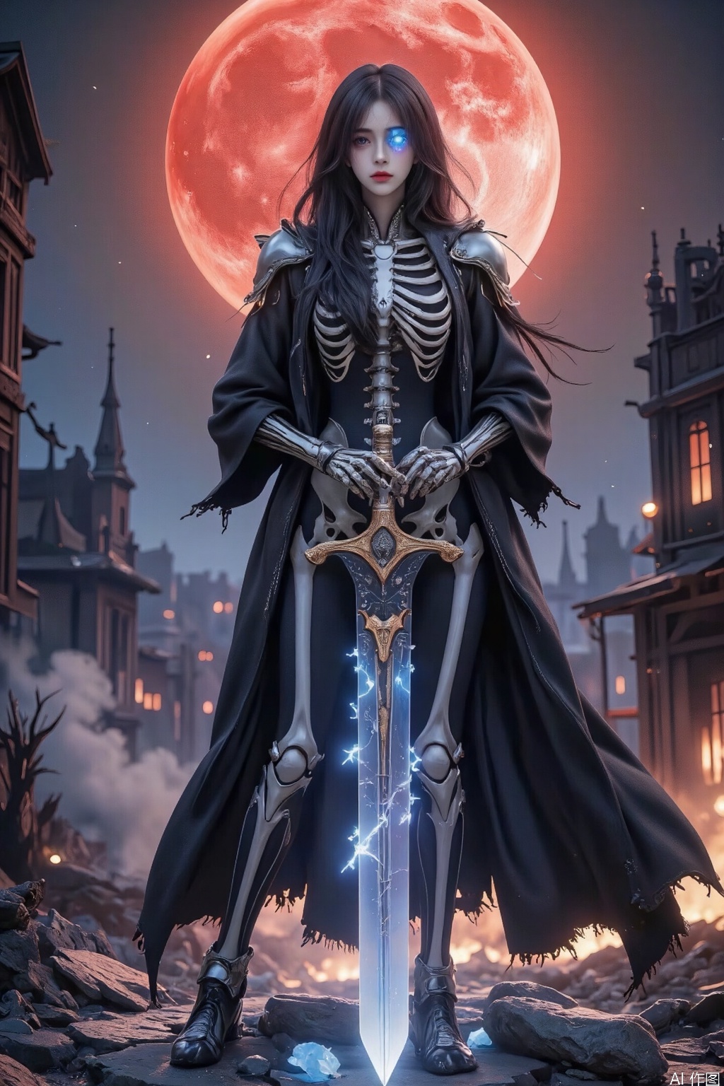  ((Birds view.)) Masterpiece,best quality,Ultra-high resolution,Realistic,sense of reality,The ultimate detail,8K wallpaper,Professional lighting,Cyberpunk lights. Flame around armor.The perfect hand,Realistic hands,1girl,solo,standing,full body,(long black hair:1.1),Rubber coat,"Skeleton Cloud holding a great sword of destruction": The center of the picture is a Cloud in the form of a skeleton. His bone structure is clearly visible, and strange blue flames are flashing in his eye sockets. He held the iconic sword of destruction tightly, the blade of the sword exuded a dark light, and the blade was engraved with mysterious runes. The skeleton Cloud wears a worn black cloak, fluttering wildly in the wind, and the edges of the cloak are frayed. He stood atop a desolate ruin, surrounded by collapsed buildings and burned debris. The background is a blood-red moon, dyeing the entire scene an eerie hue. A faint haze of smoke filled the ruins, looming over Cloud's lower body. There are some traces of battle on his skeleton body, and the cracks on the bones seem to tell the story of the fierce battle. Under his feet were broken fragments of magic crystal, shining with a faint light, echoing the light on his body. The entire picture creates a tragic and mysterious atmosphere, showing the unique charm and powerful aura of the skeleton version of Cloud.