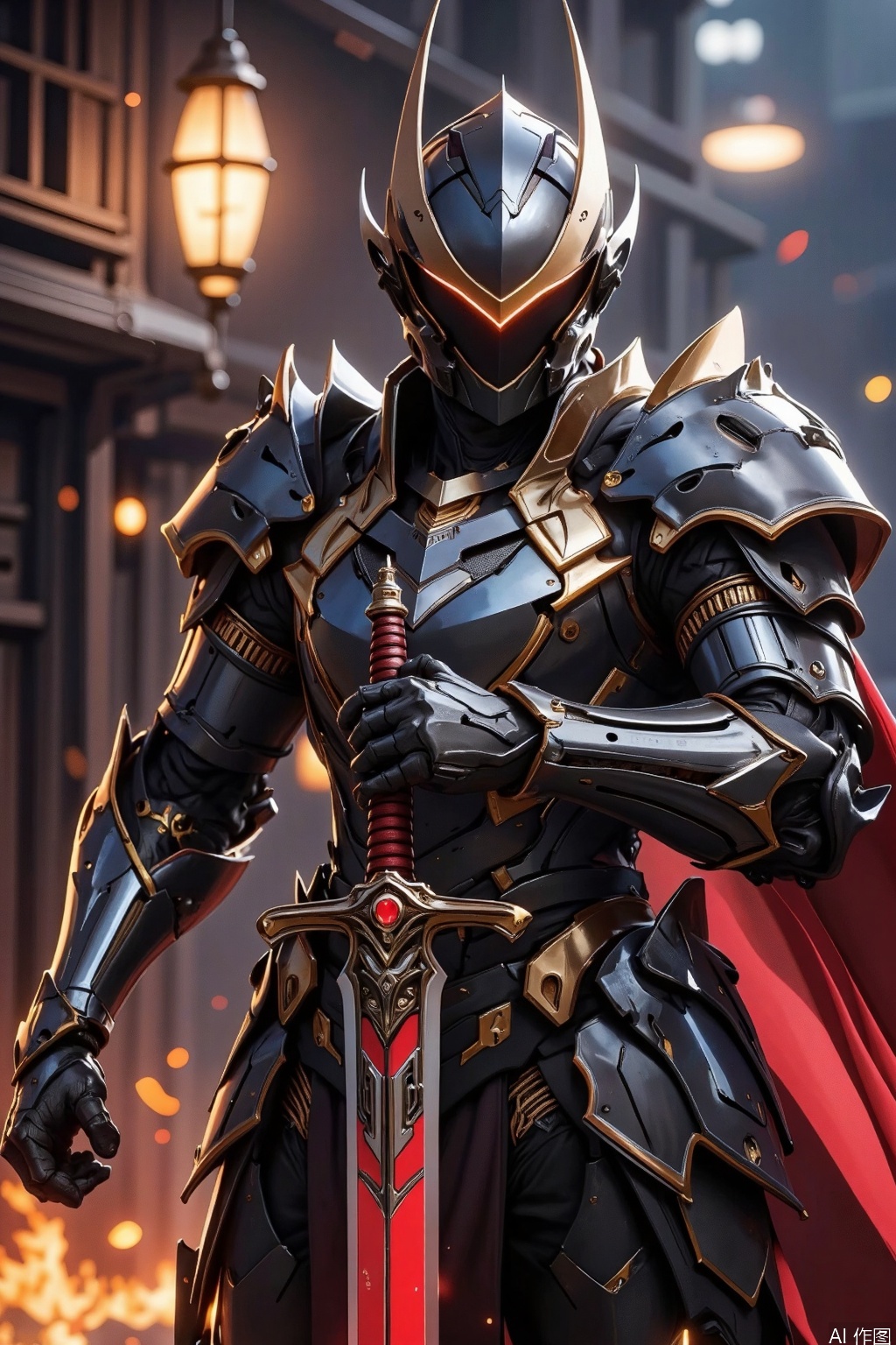  solo, 1boy, holding, weapon, male focus, sword, cape, holding weapon, armor, holding sword, helmet, fire, shoulder armor, gauntlets, pauldrons, breastplate, thumbs up, knight,fullarmor,embers,怪物, FanSe, cyberpunk, leihua, ((poakl)), mecha
