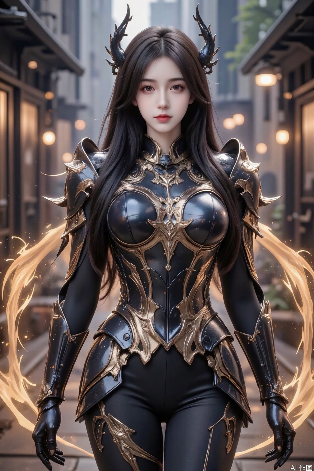  ((Birds view.)) Masterpiece,best quality,Ultra-high resolution,Realistic,sense of reality,The ultimate detail,8K wallpaper,Professional lighting,Cyberpunk lights. Flame around armor.The perfect hand,Realistic hands,1girl,solo,standing,full body,(long black hair:1.1),Rubber coat,
