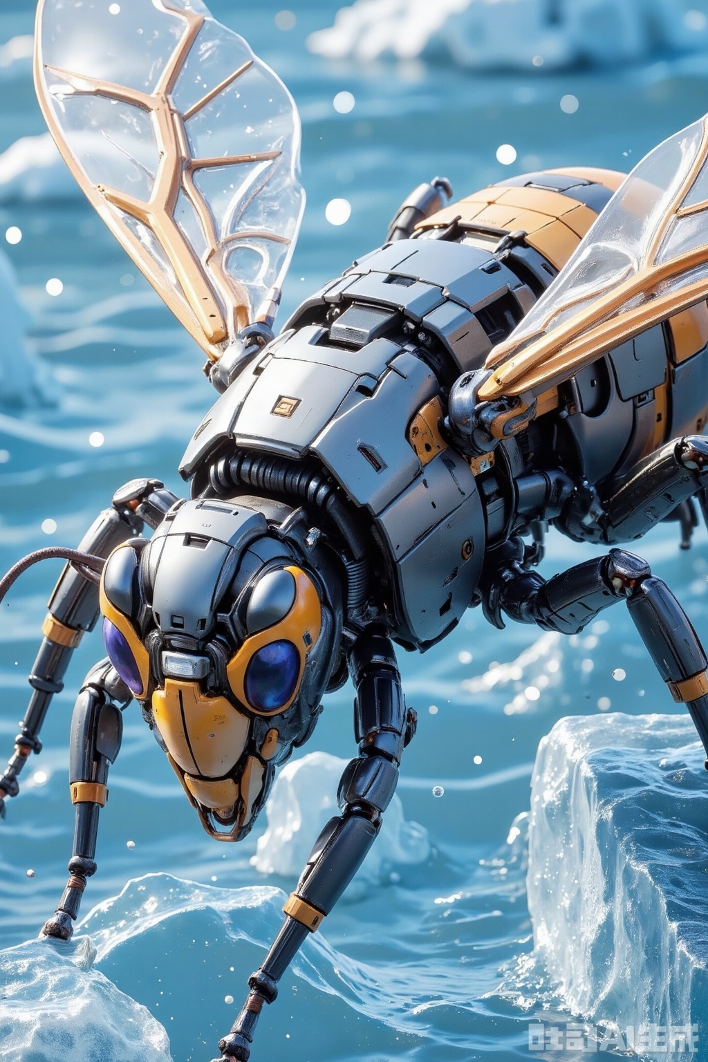 mecha,scene composed of machinery,Water,An icy blue background,a massive mechanical bee,three-dimensional lighting and shadows,3D rendering,exquisite details,combination of mechanical structures,future technology,a scene composed of machinery,a clean scene,steel texture,metallic feel,an image entirely composed of mechanical elements.,